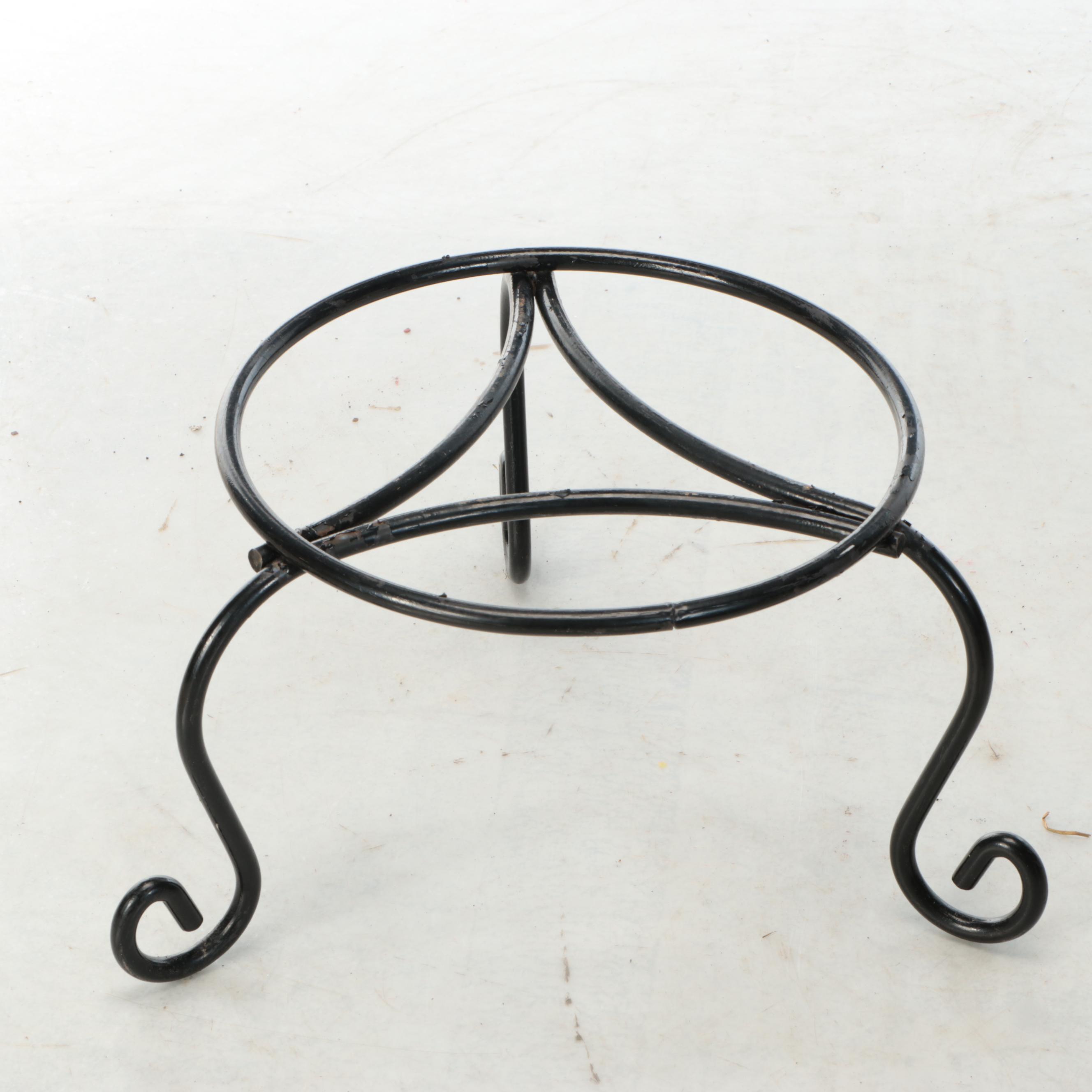 Glazed Ceramic Planter, Wrought Iron Side Table, and Metal Plant Stands