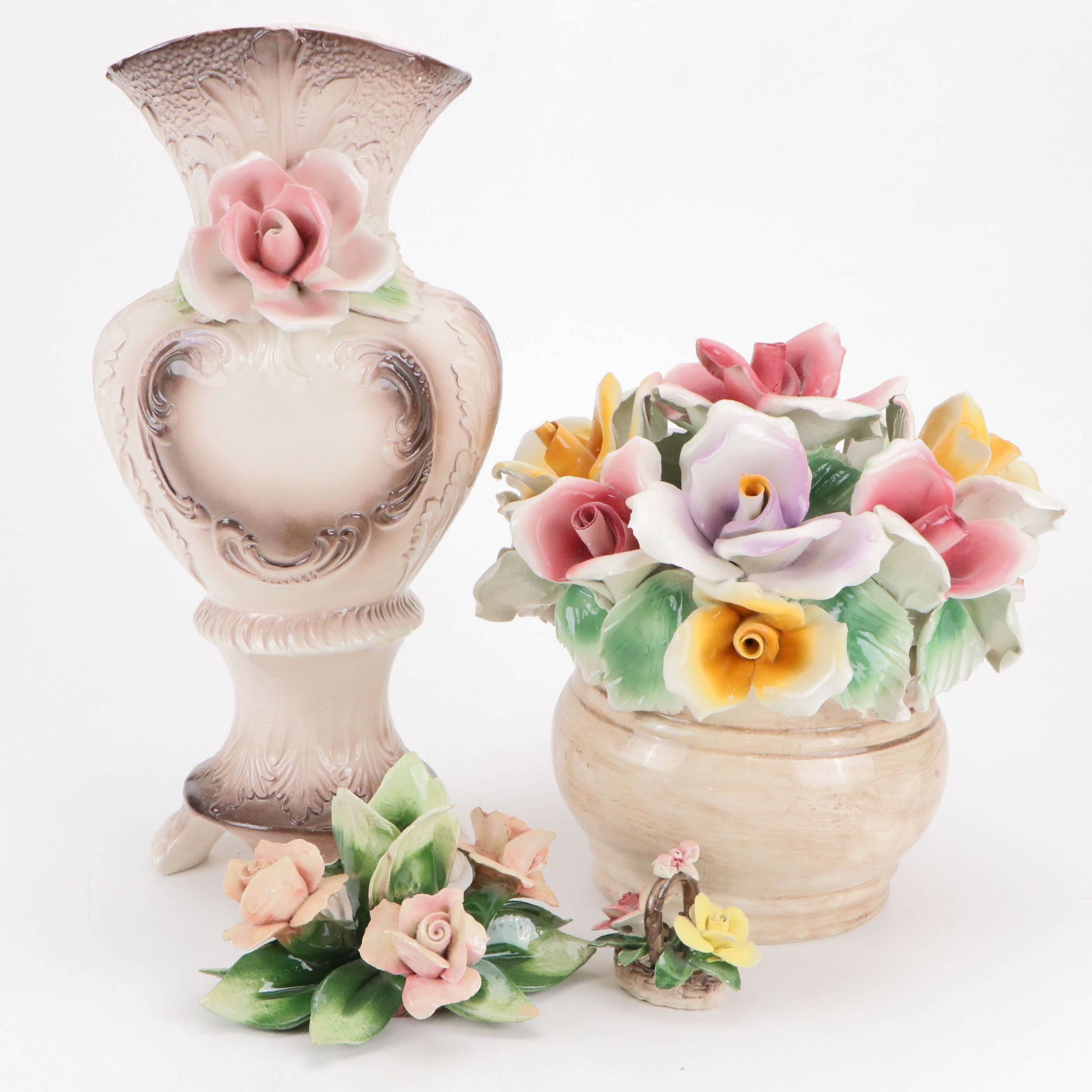 Capodimonte Porcelain Floral Arrangements & Vase