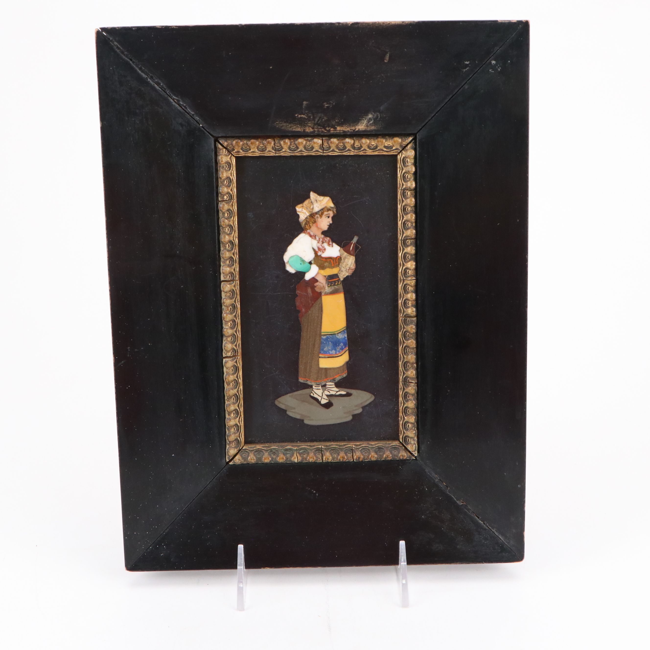 Italian Pietra Dura Figural Stone Mosaics in Gilt Wood Frames