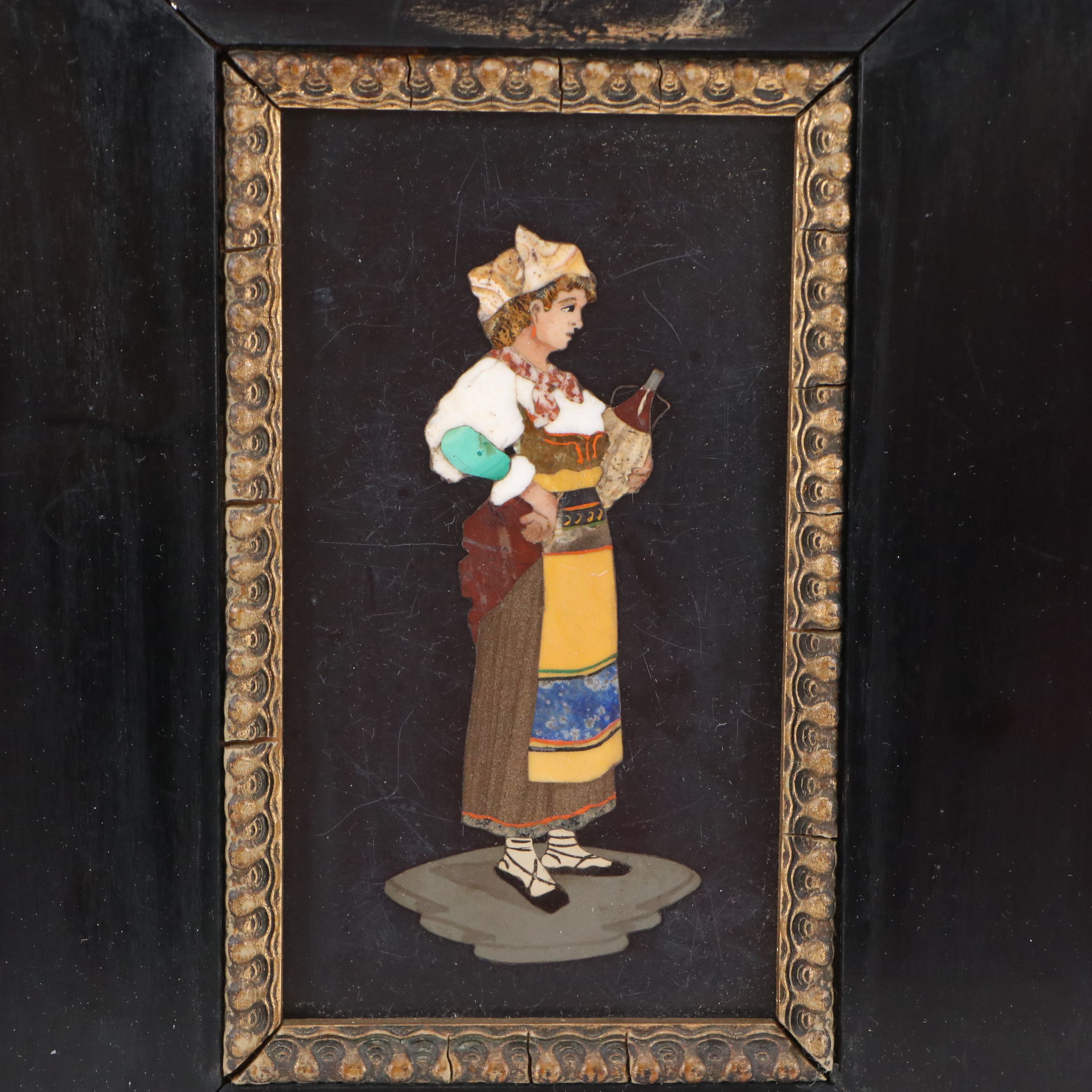 Italian Pietra Dura Figural Stone Mosaics in Gilt Wood Frames