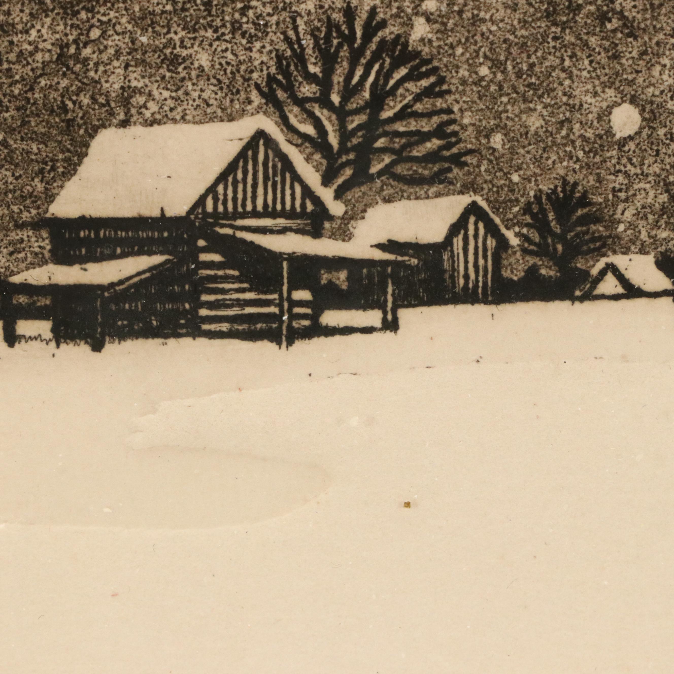Winter Rural Landscape Embossed Etching "One Winter's Night," 1976