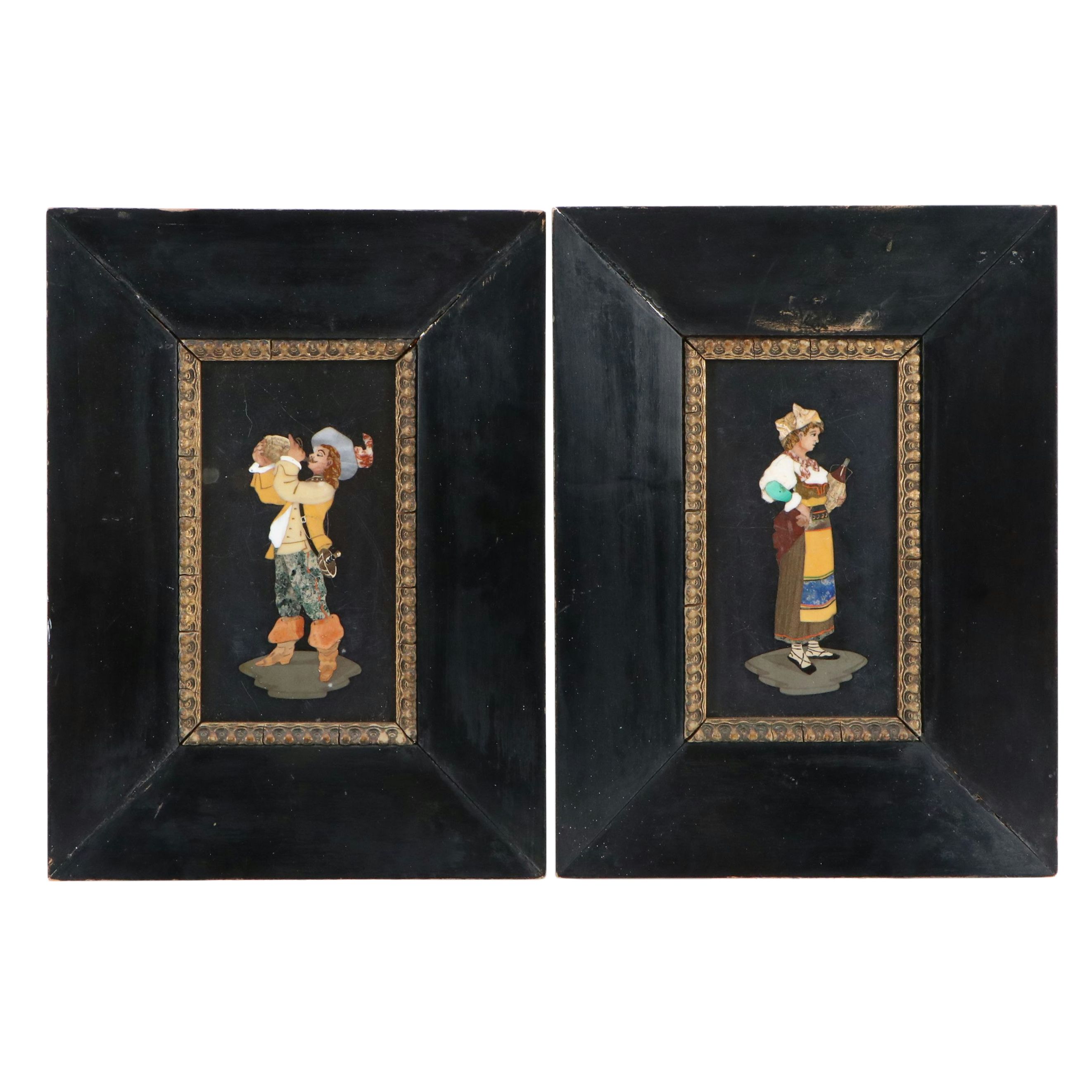 Italian Pietra Dura Figural Stone Mosaics in Gilt Wood Frames