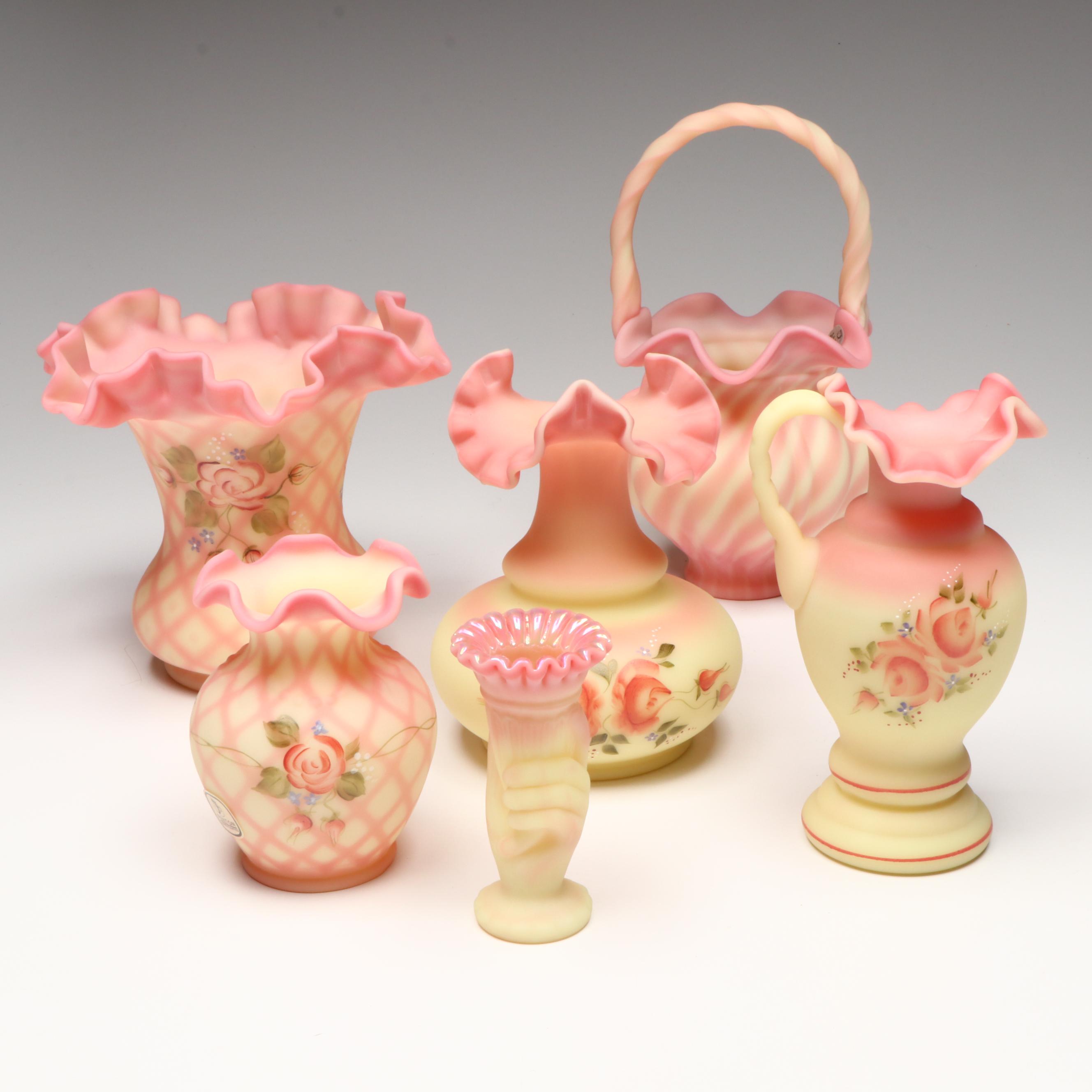 Fenton Hand-Painted Floral Burmese Glass Vases with Striped Basket Vase