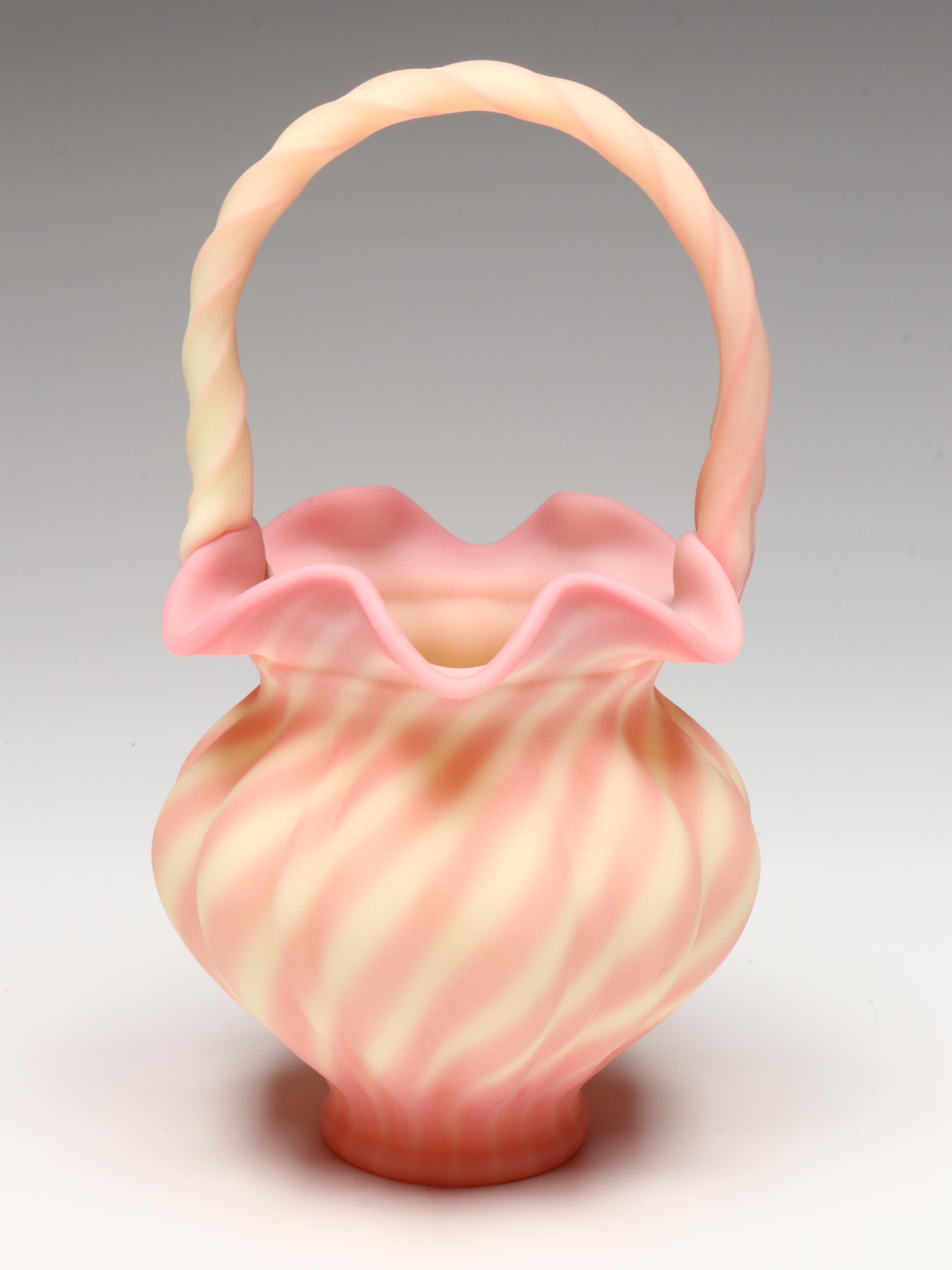 Fenton Hand-Painted Floral Burmese Glass Vases with Striped Basket Vase