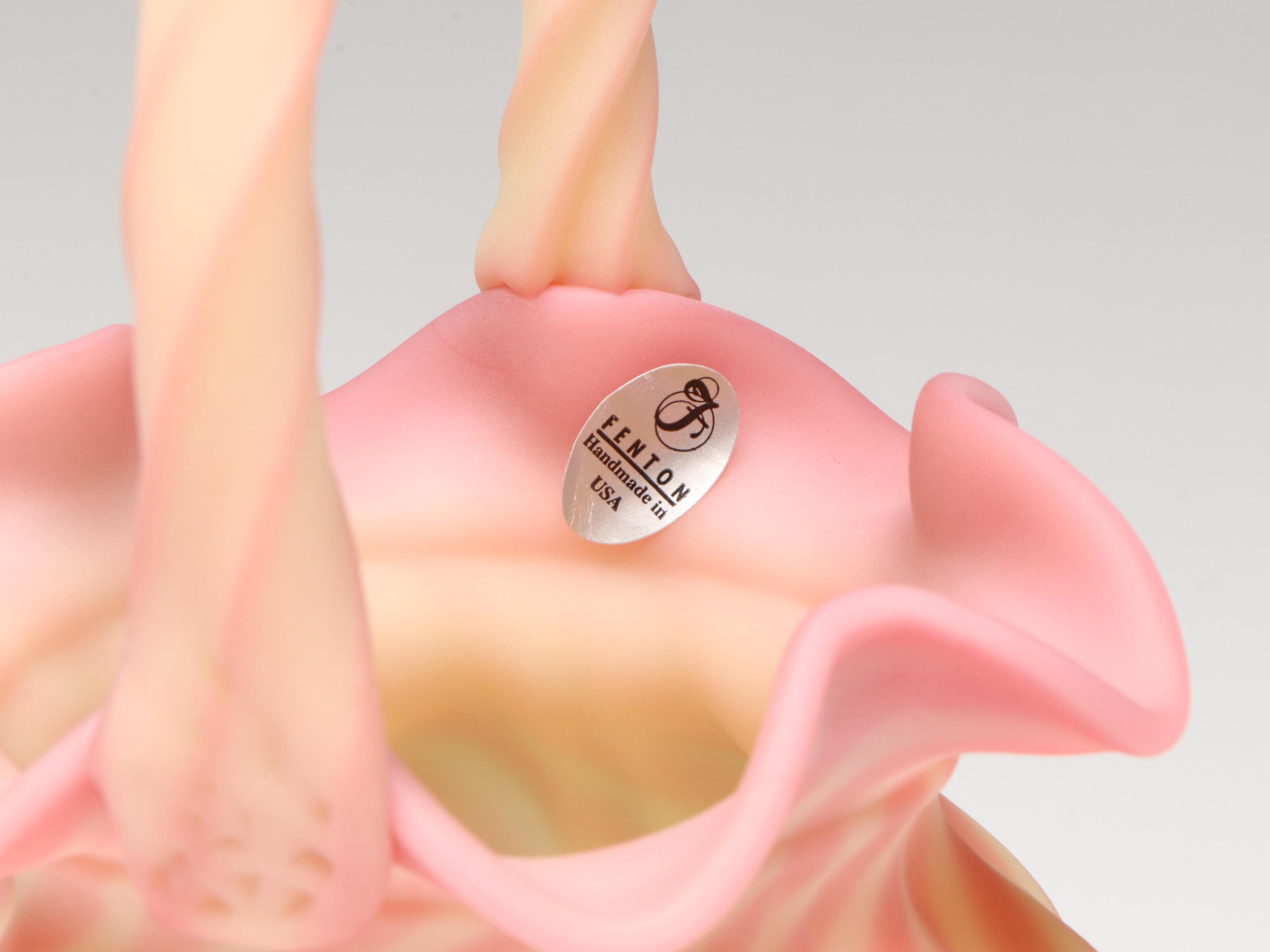 Fenton Hand-Painted Floral Burmese Glass Vases with Striped Basket Vase