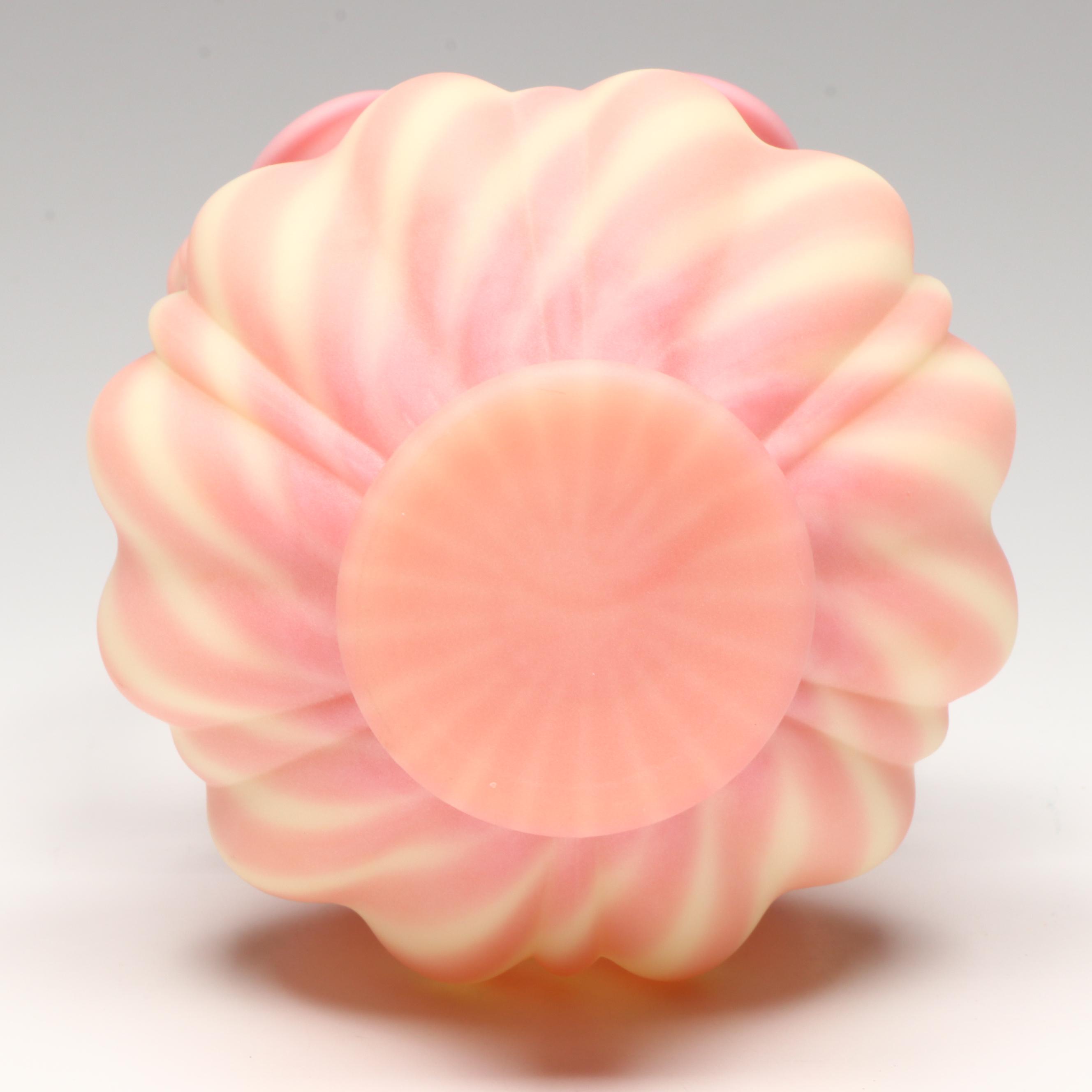 Fenton Hand-Painted Floral Burmese Glass Vases with Striped Basket Vase