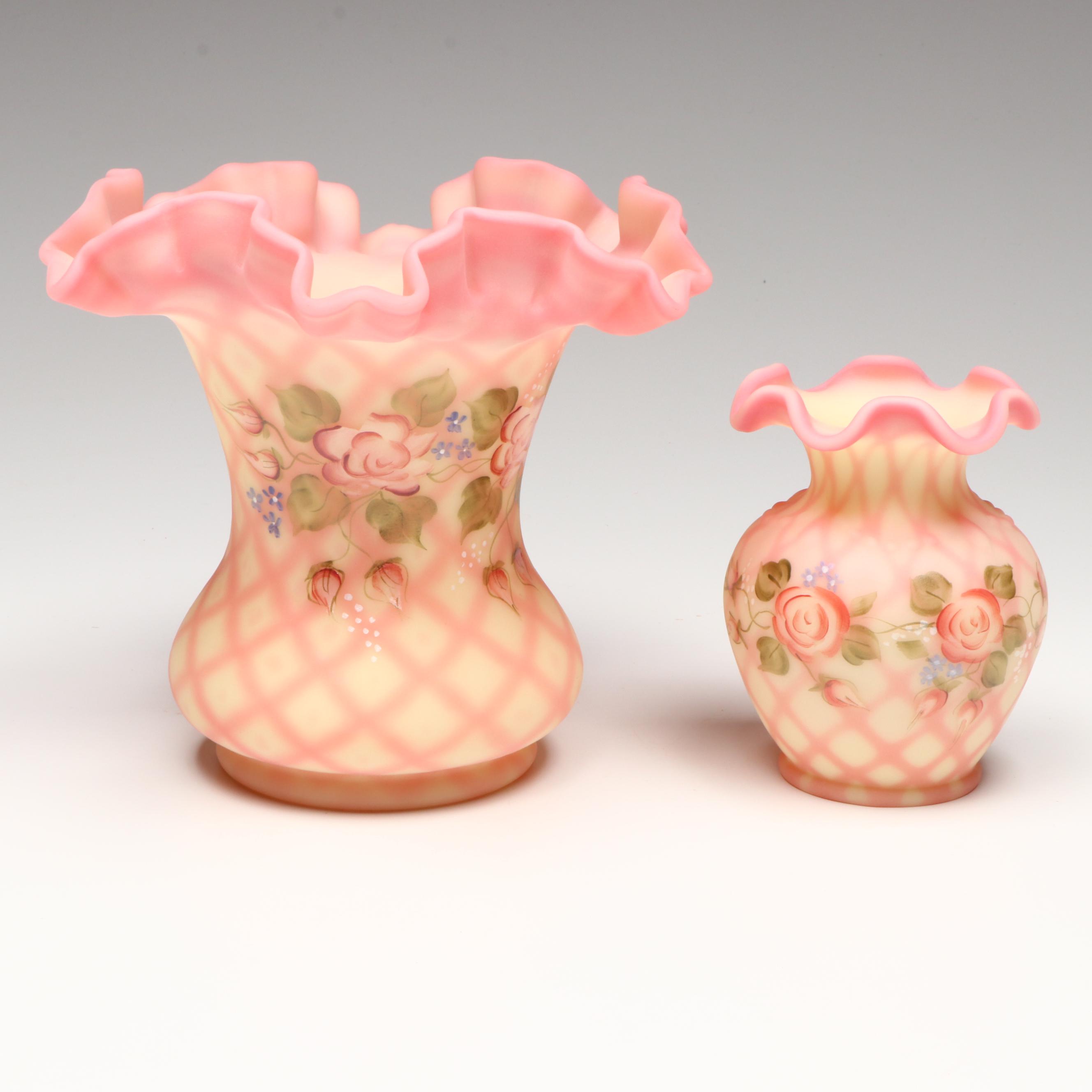Fenton Hand-Painted Floral Burmese Glass Vases with Striped Basket Vase
