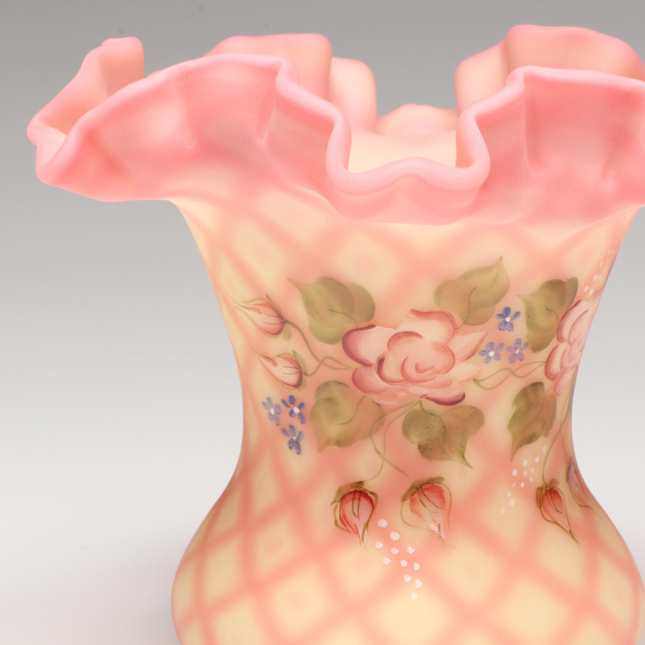 Fenton Hand-Painted Floral Burmese Glass Vases with Striped Basket Vase