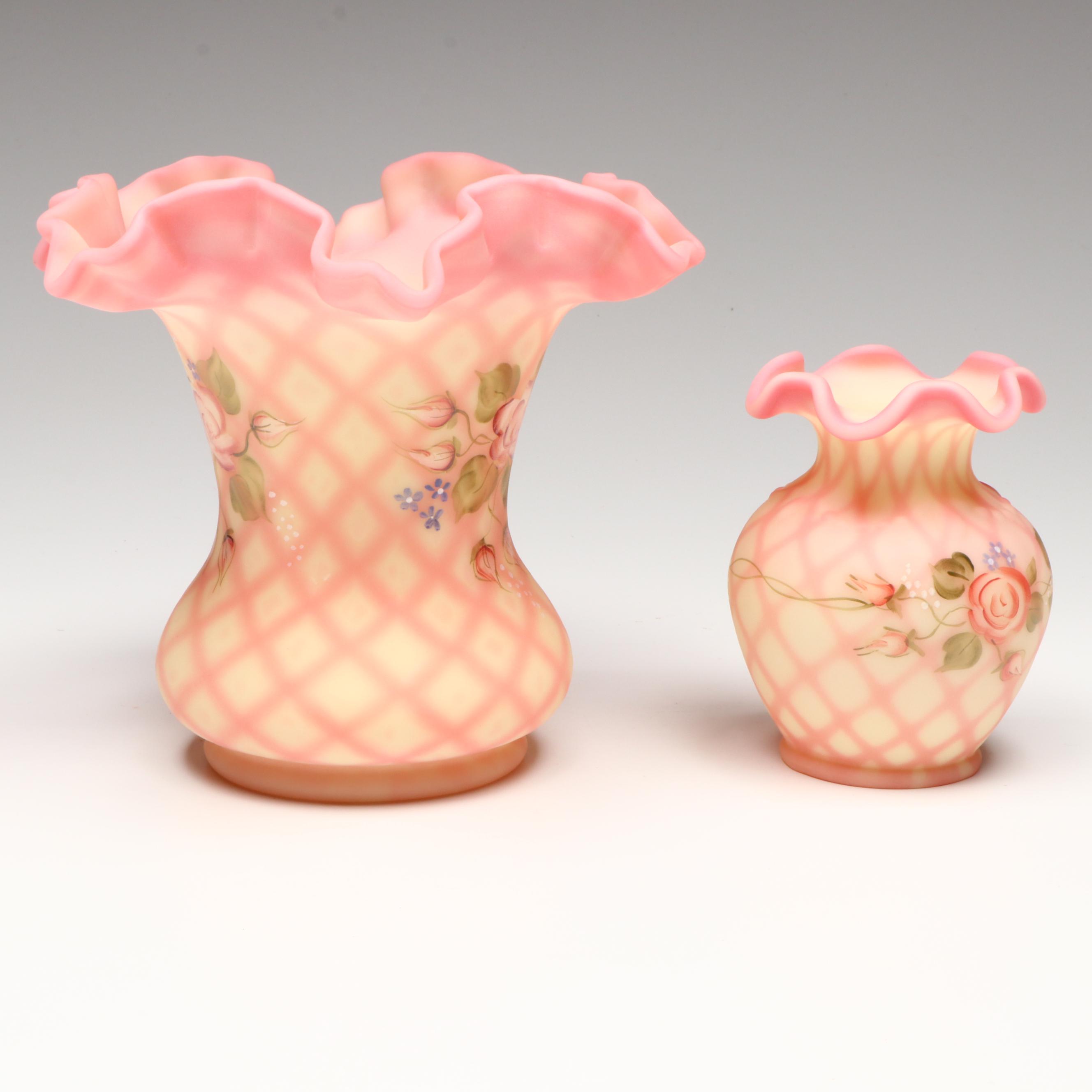 Fenton Hand-Painted Floral Burmese Glass Vases with Striped Basket Vase