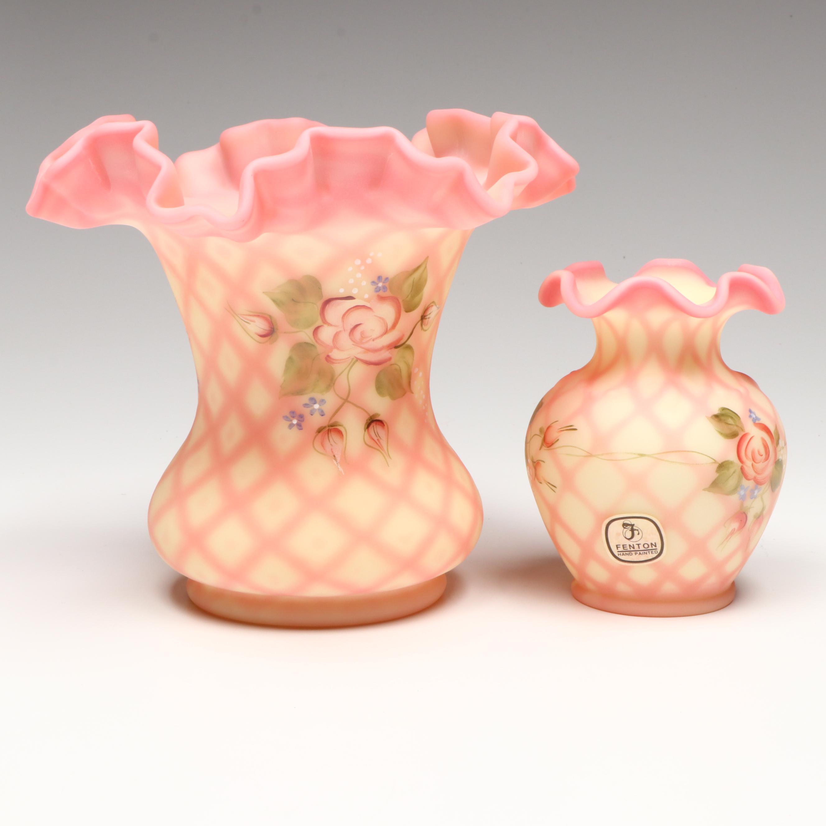Fenton Hand-Painted Floral Burmese Glass Vases with Striped Basket Vase