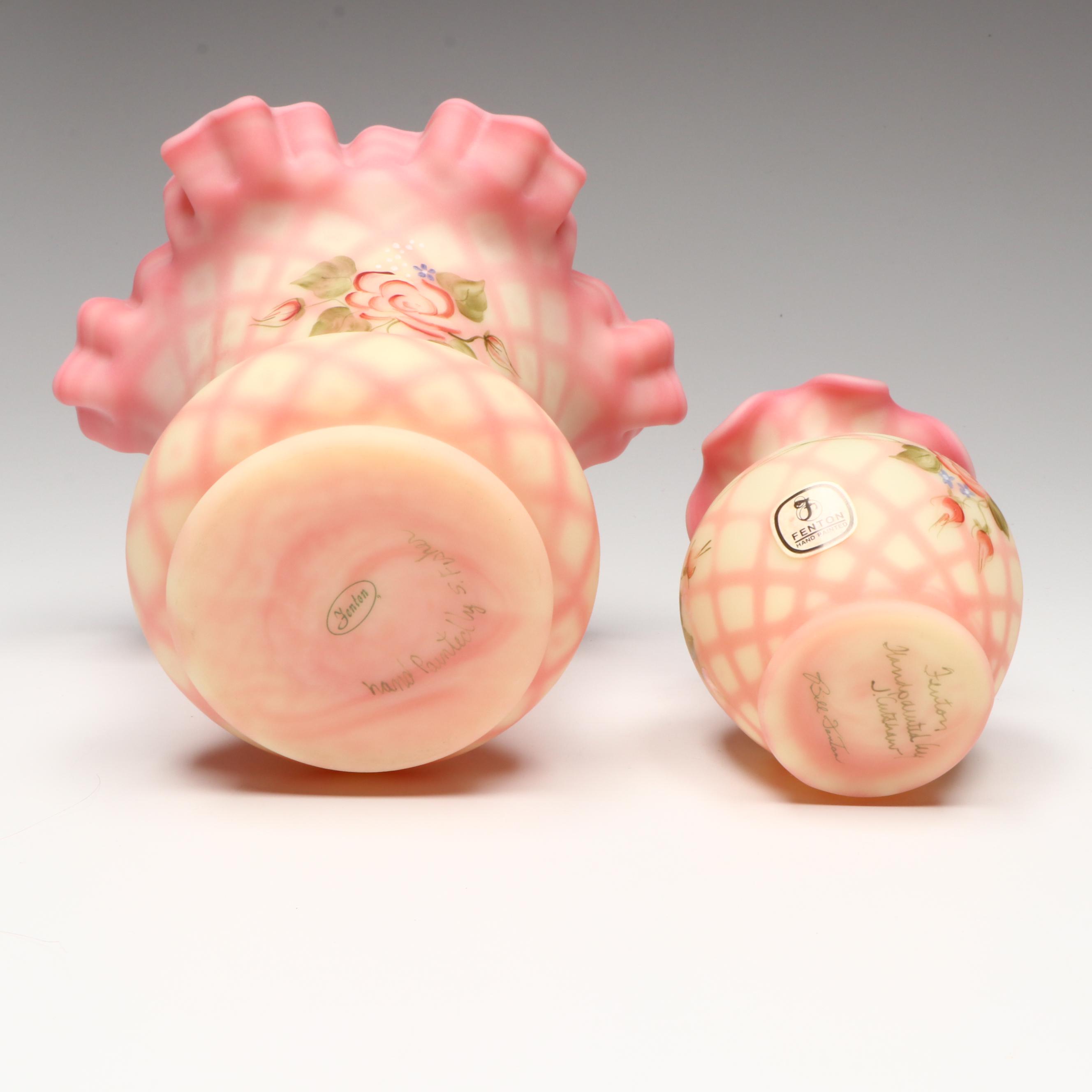 Fenton Hand-Painted Floral Burmese Glass Vases with Striped Basket Vase