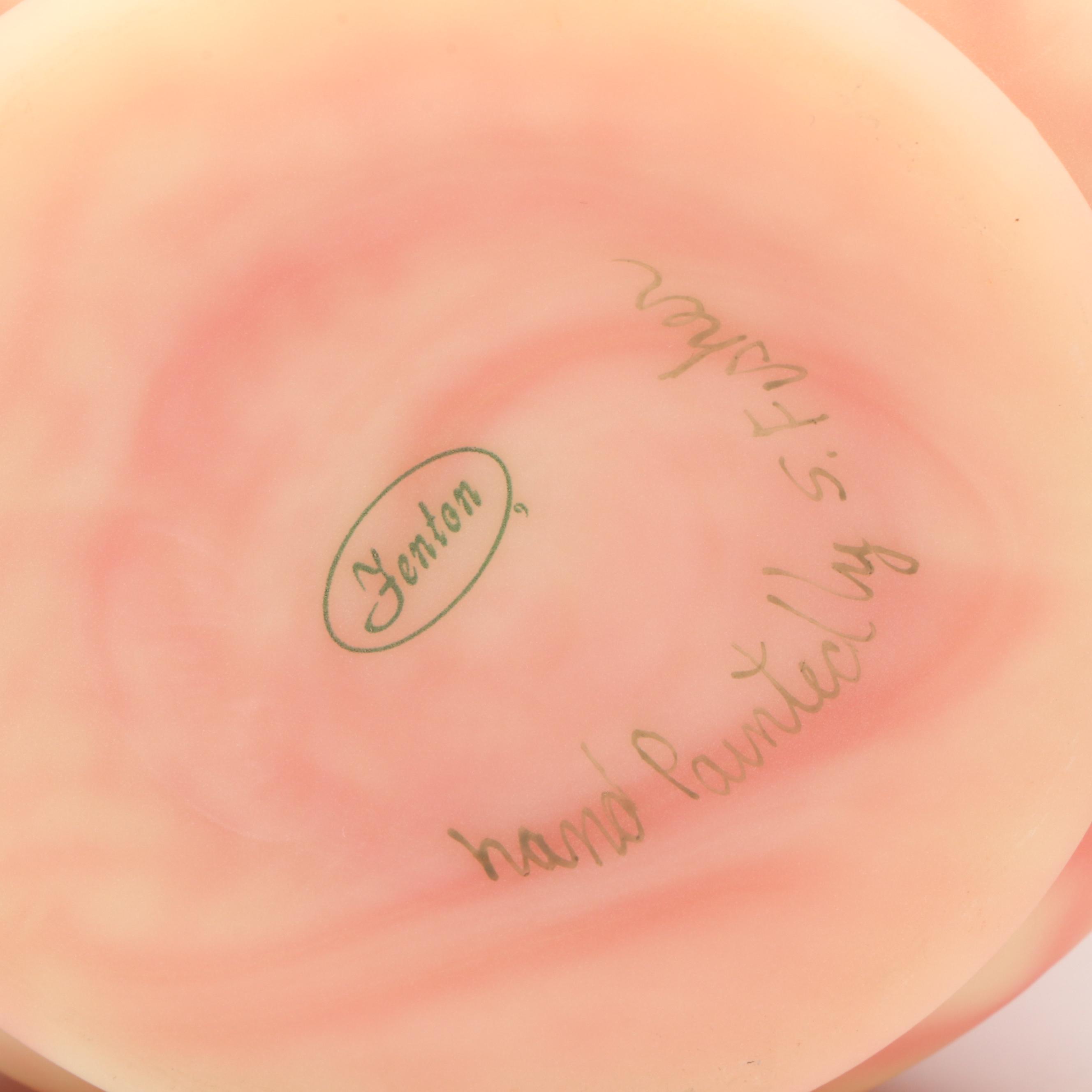 Fenton Hand-Painted Floral Burmese Glass Vases with Striped Basket Vase