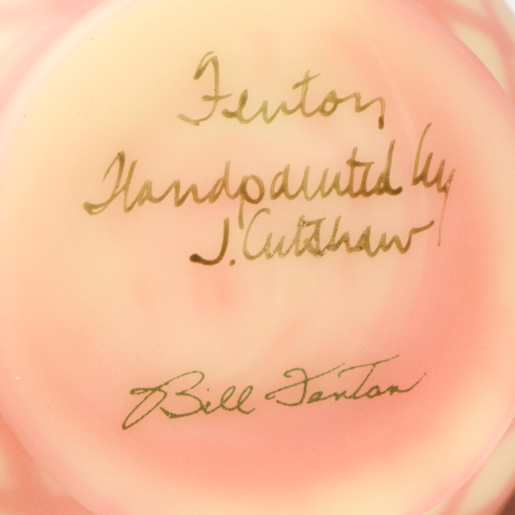 Fenton Hand-Painted Floral Burmese Glass Vases with Striped Basket Vase