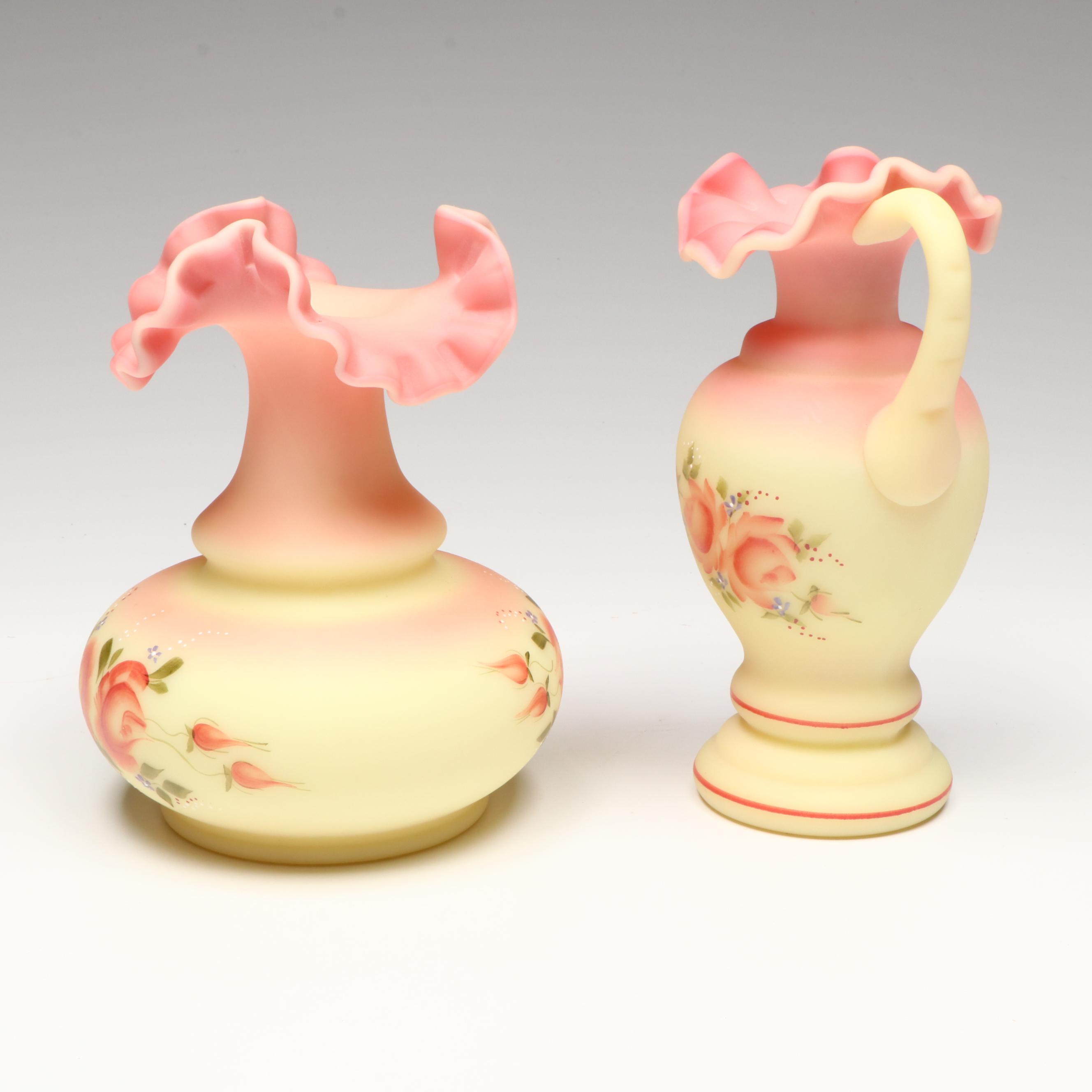 Fenton Hand-Painted Floral Burmese Glass Vases with Striped Basket Vase