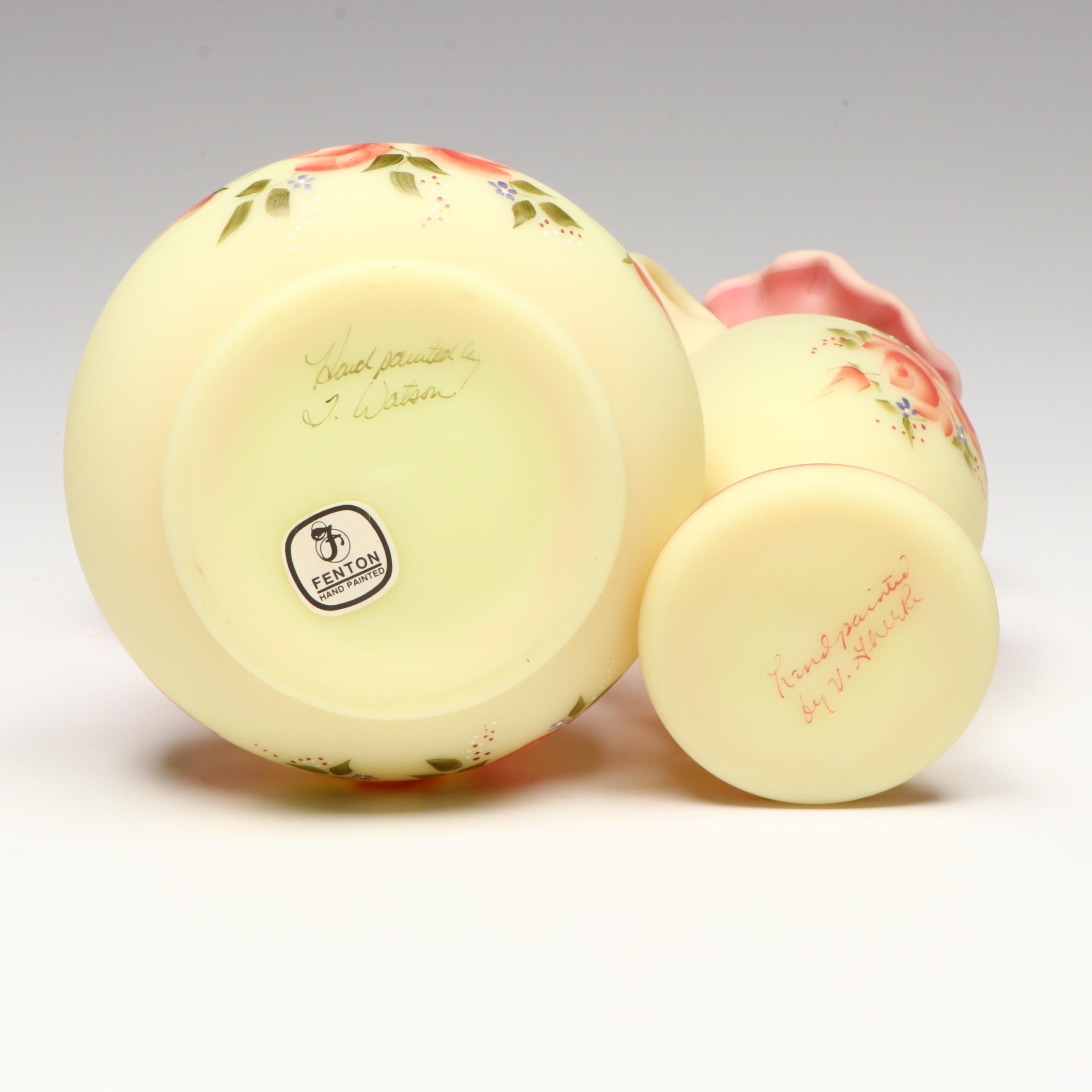 Fenton Hand-Painted Floral Burmese Glass Vases with Striped Basket Vase