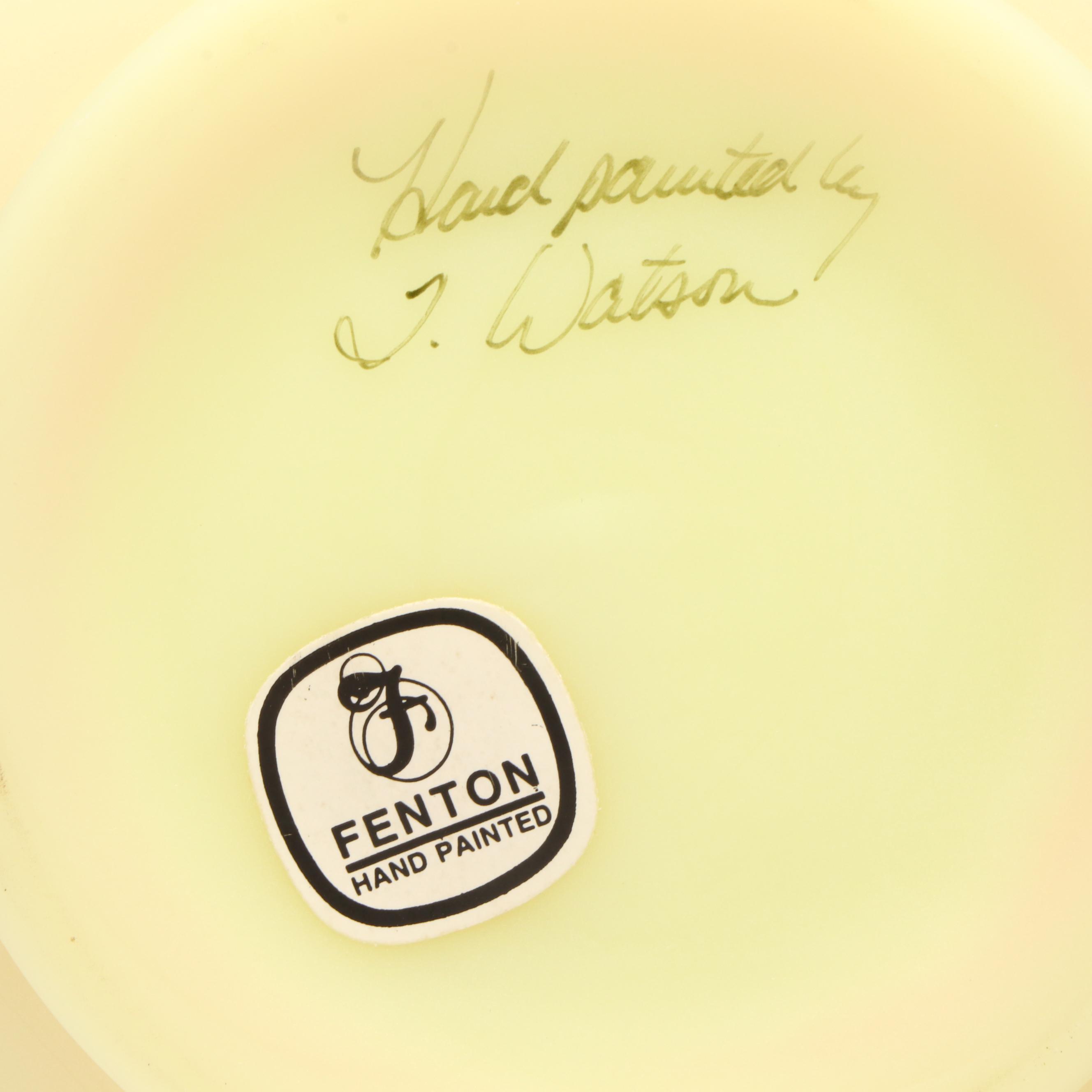 Fenton Hand-Painted Floral Burmese Glass Vases with Striped Basket Vase