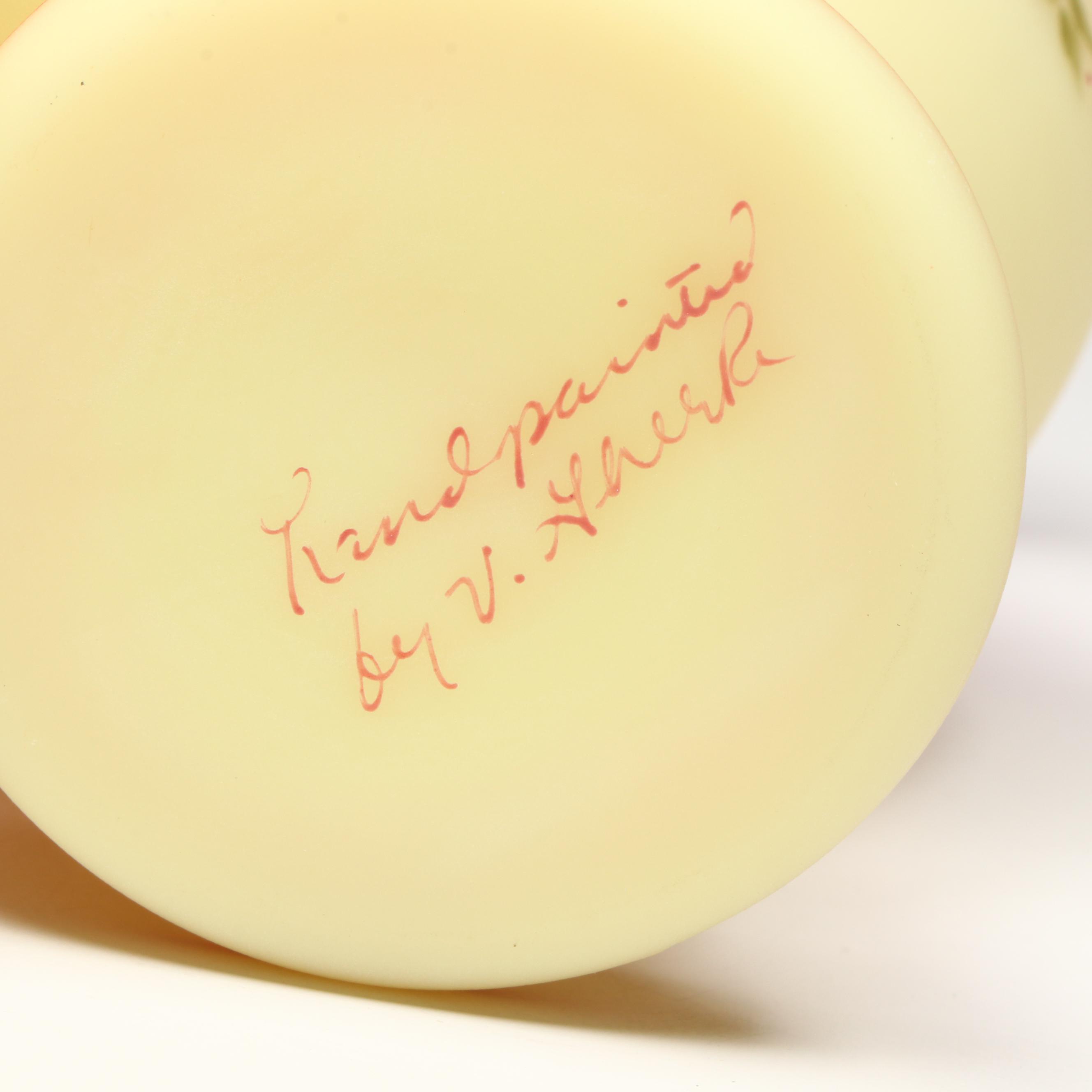 Fenton Hand-Painted Floral Burmese Glass Vases with Striped Basket Vase