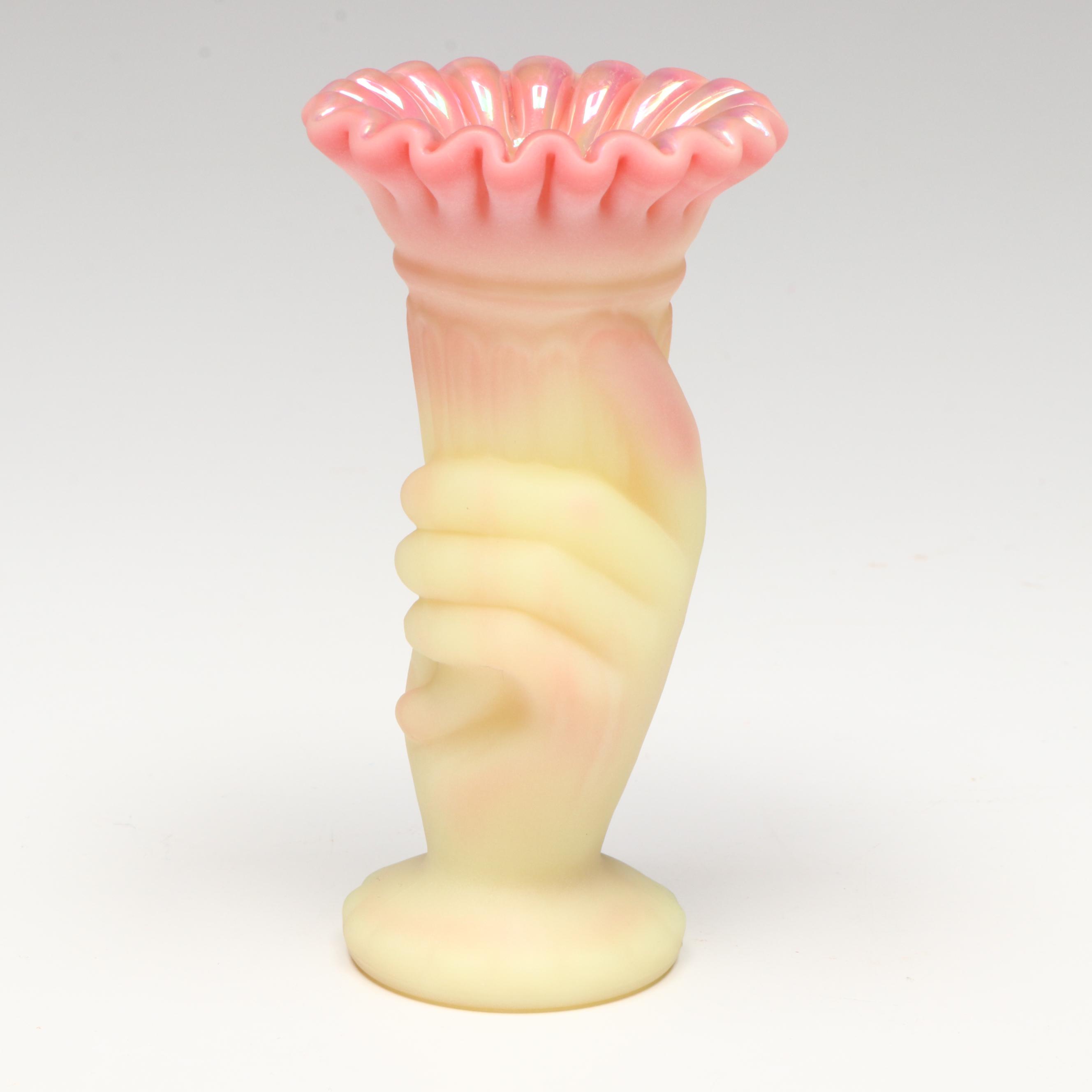 Fenton Hand-Painted Floral Burmese Glass Vases with Striped Basket Vase