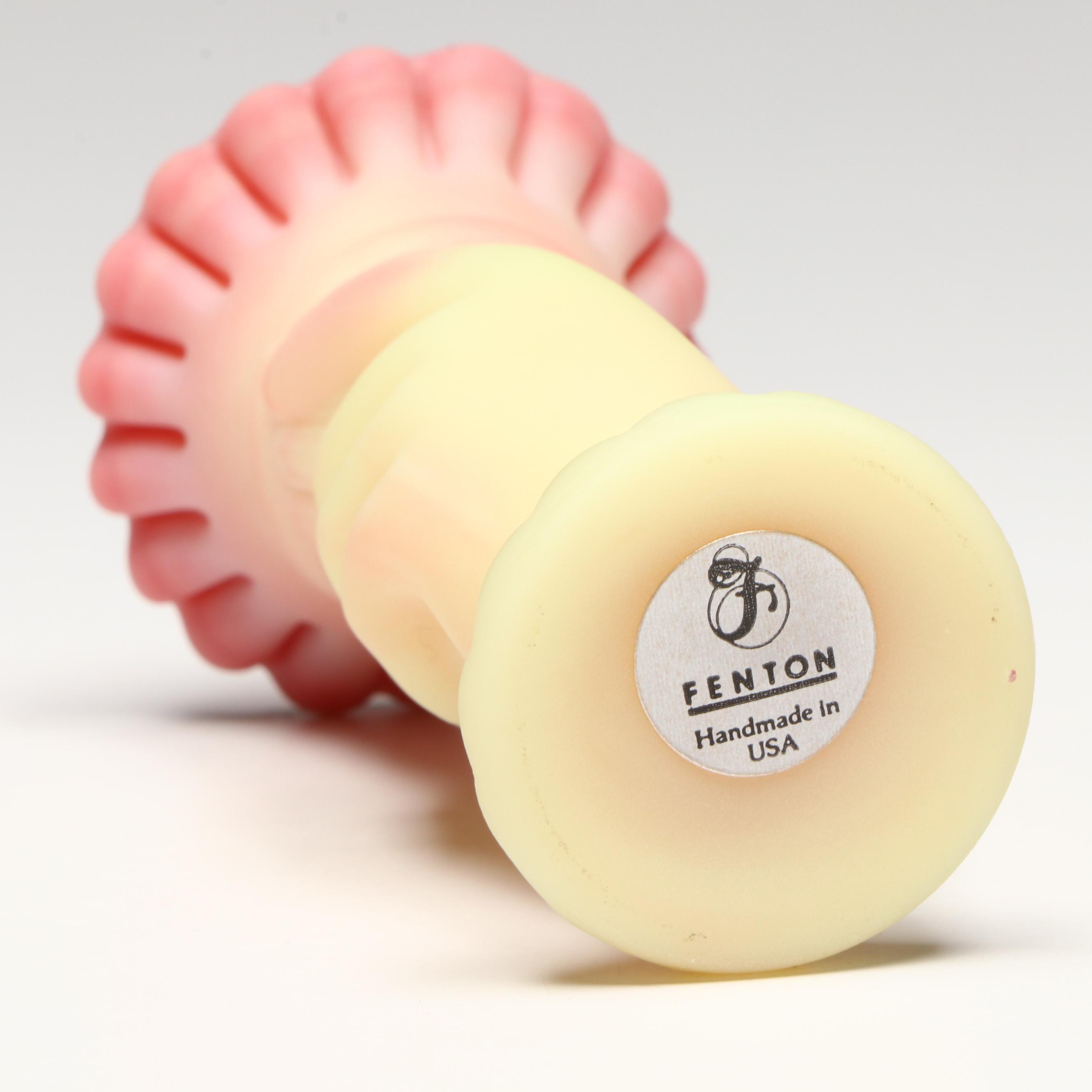 Fenton Hand-Painted Floral Burmese Glass Vases with Striped Basket Vase