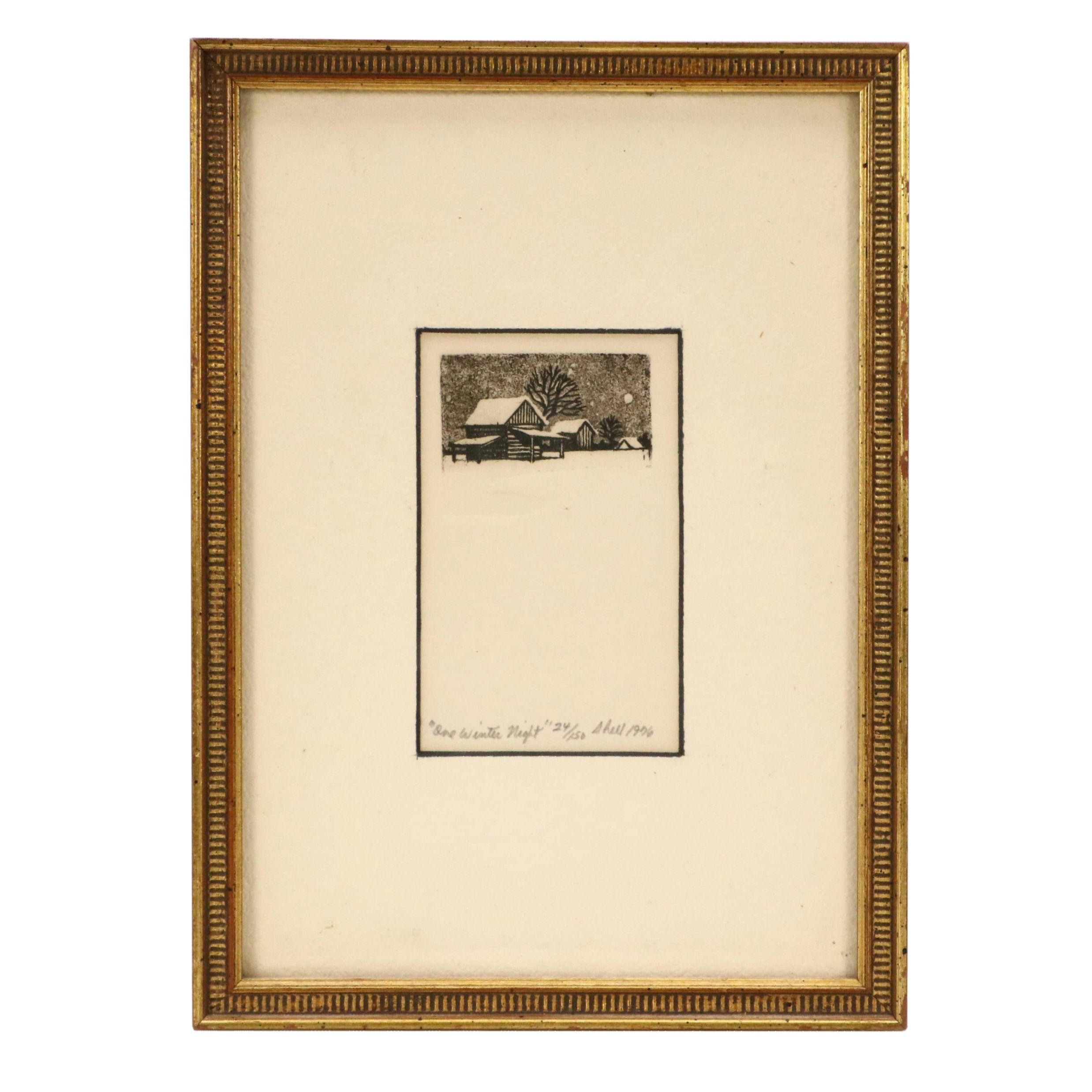 Winter Rural Landscape Embossed Etching "One Winter's Night," 1976