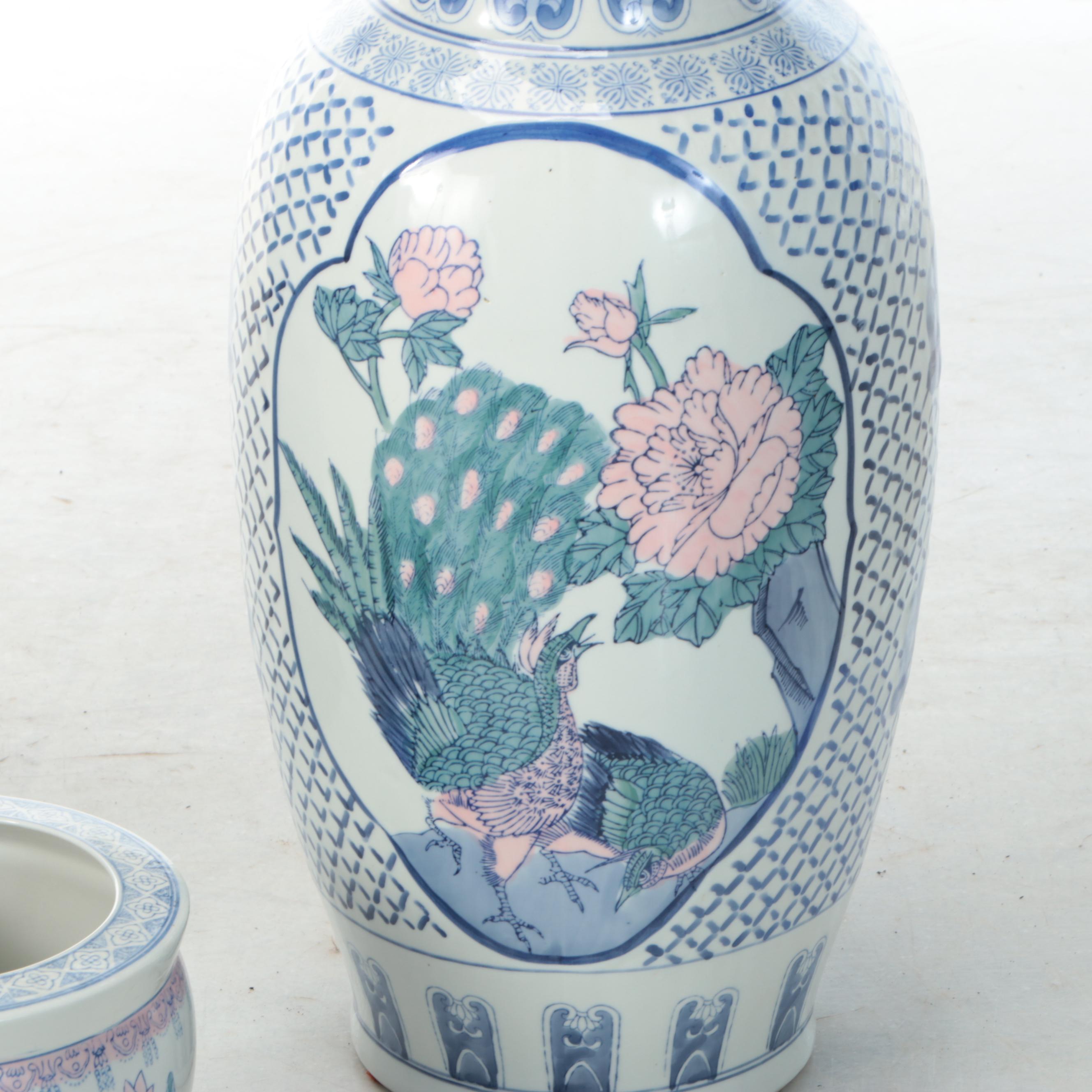 Chinese Famille Rose Porcelain Planter and Vase with Blue Porcelain Vase
