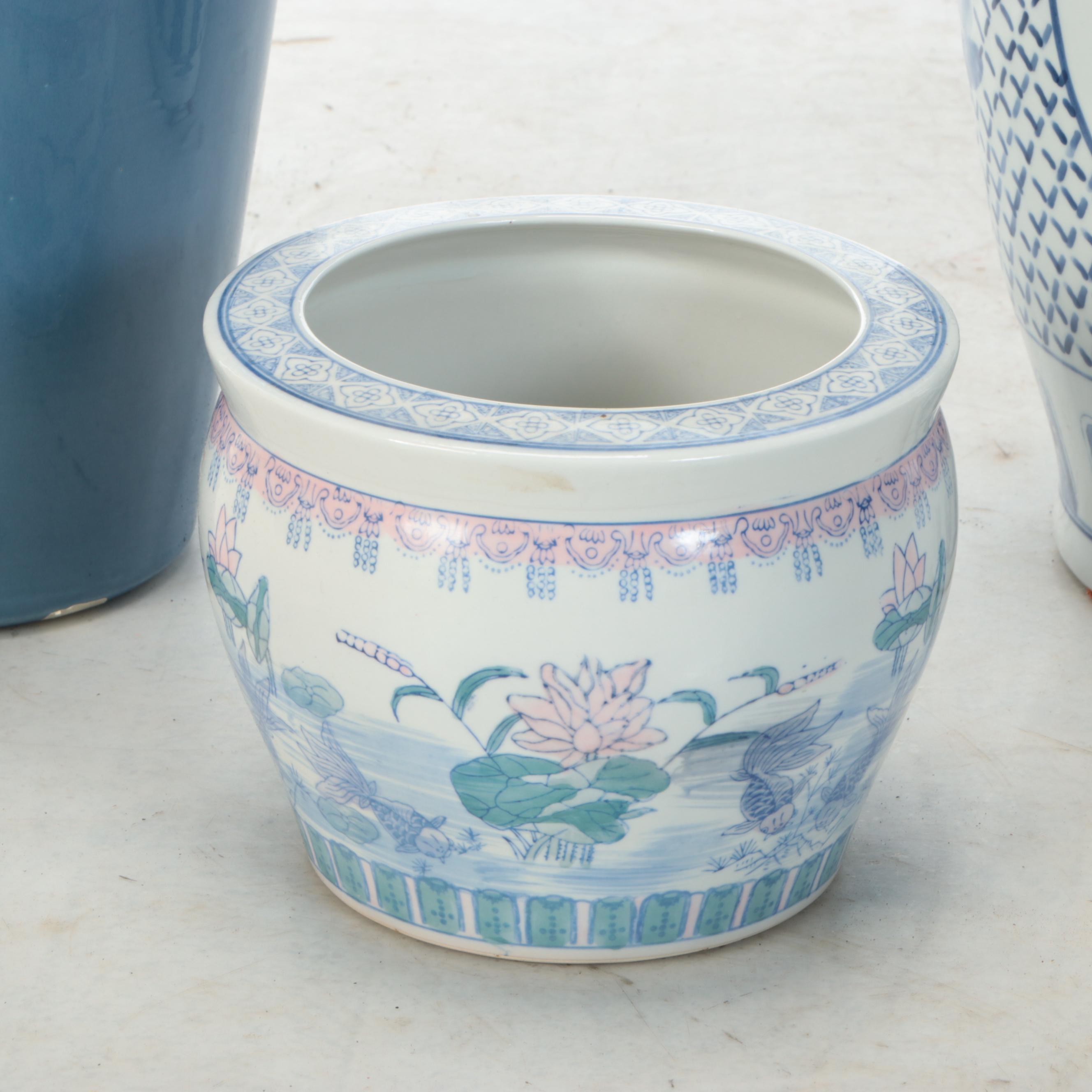 Chinese Famille Rose Porcelain Planter and Vase with Blue Porcelain Vase