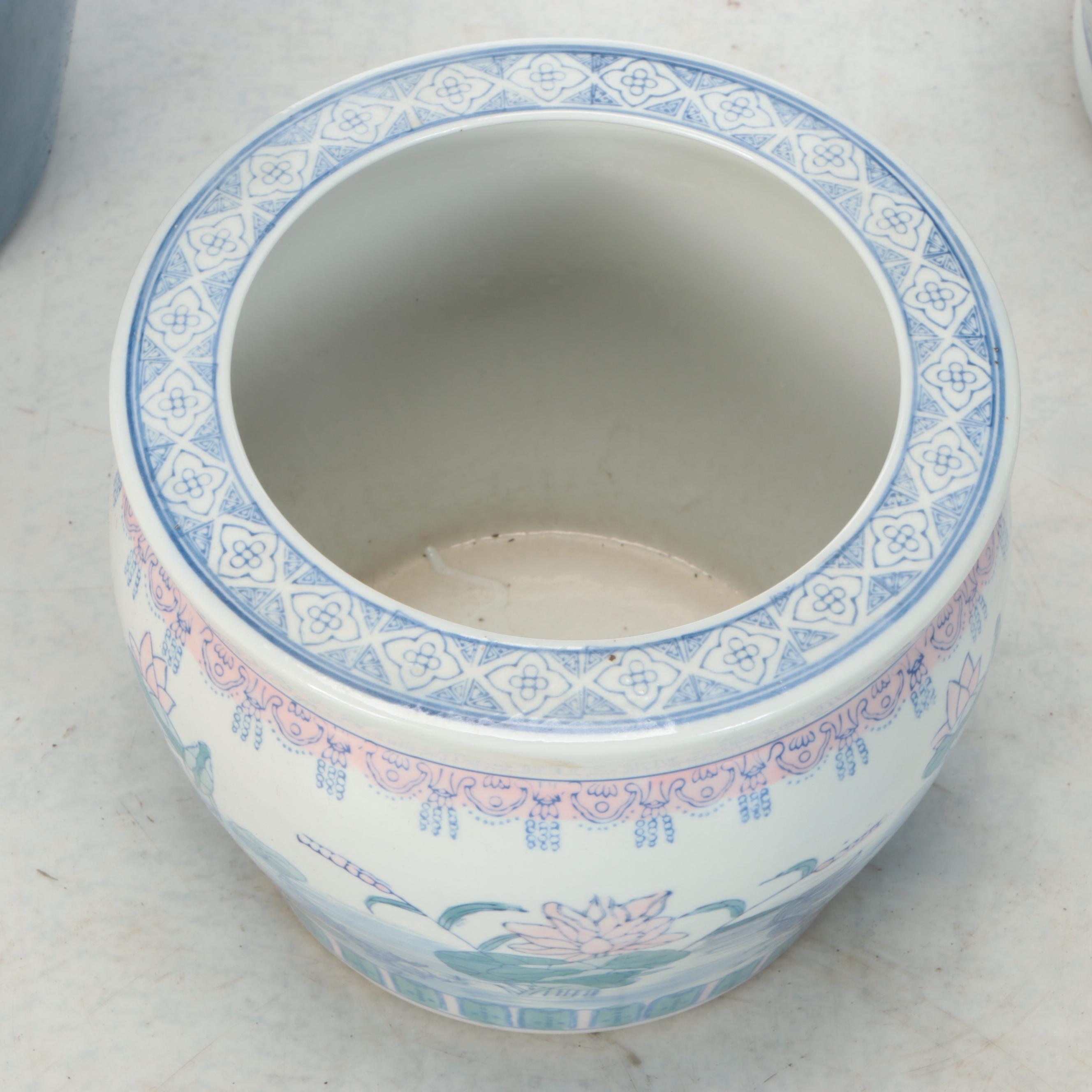 Chinese Famille Rose Porcelain Planter and Vase with Blue Porcelain Vase