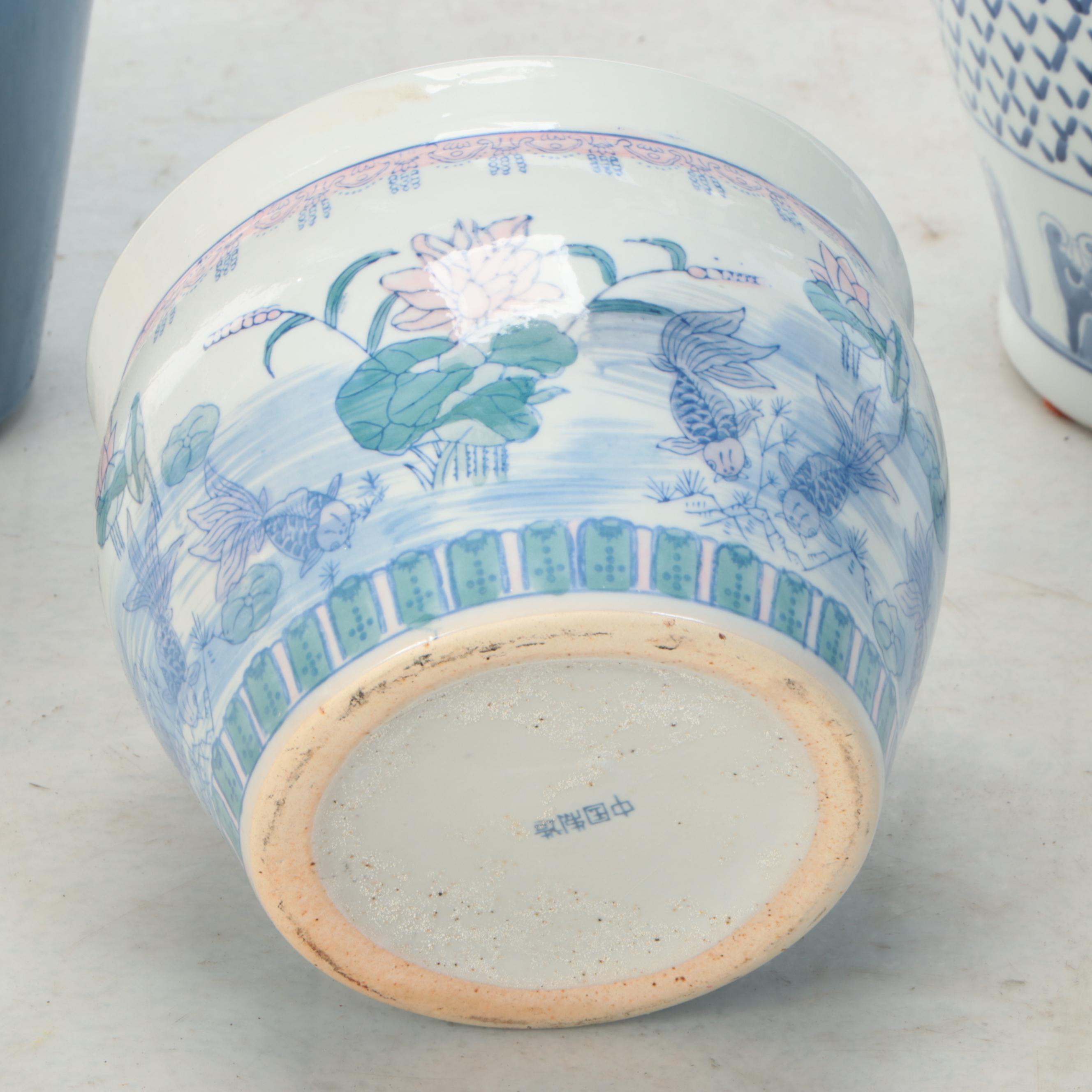 Chinese Famille Rose Porcelain Planter and Vase with Blue Porcelain Vase