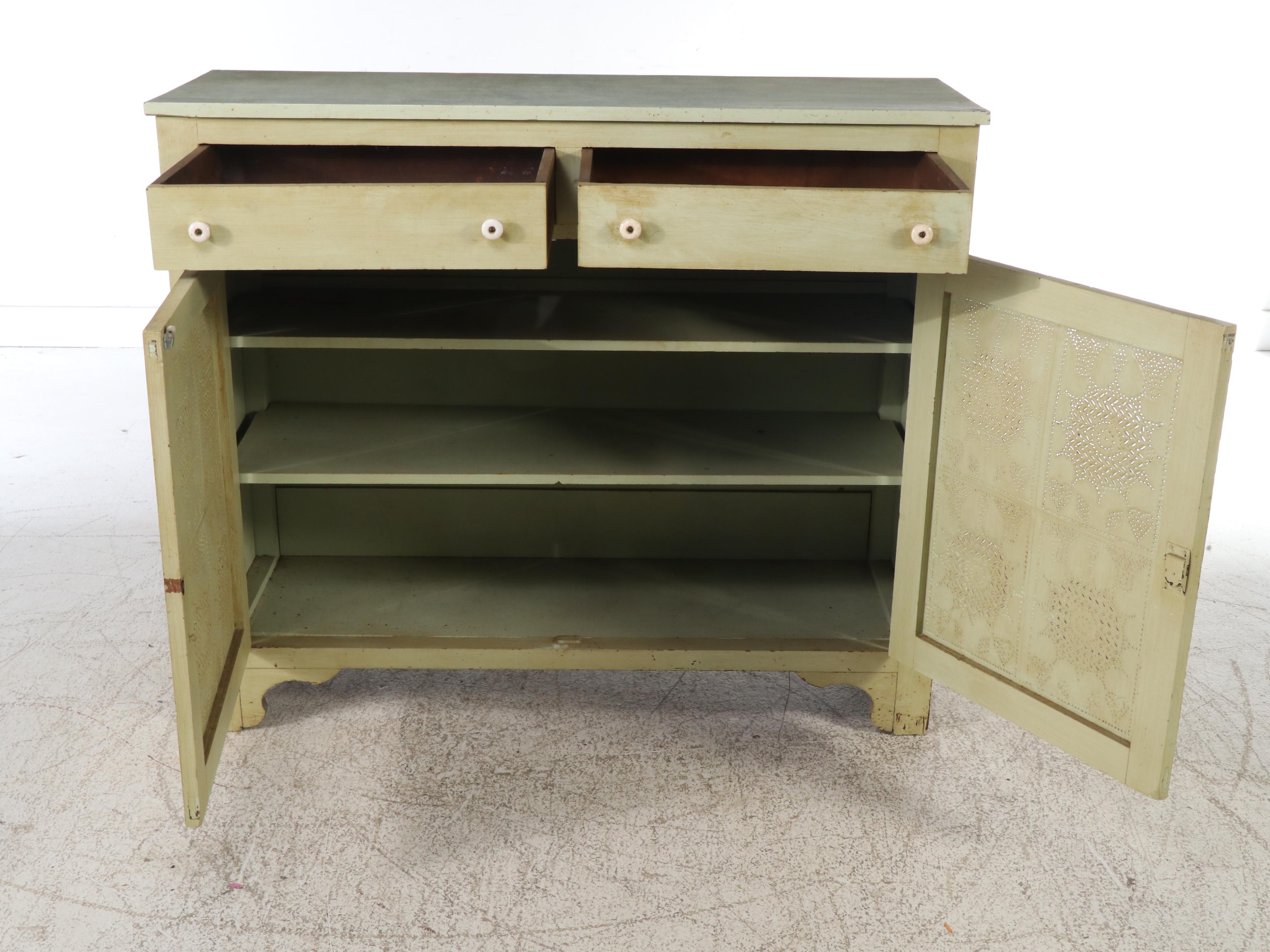 Antique Punched Tin and Painted Cabinet