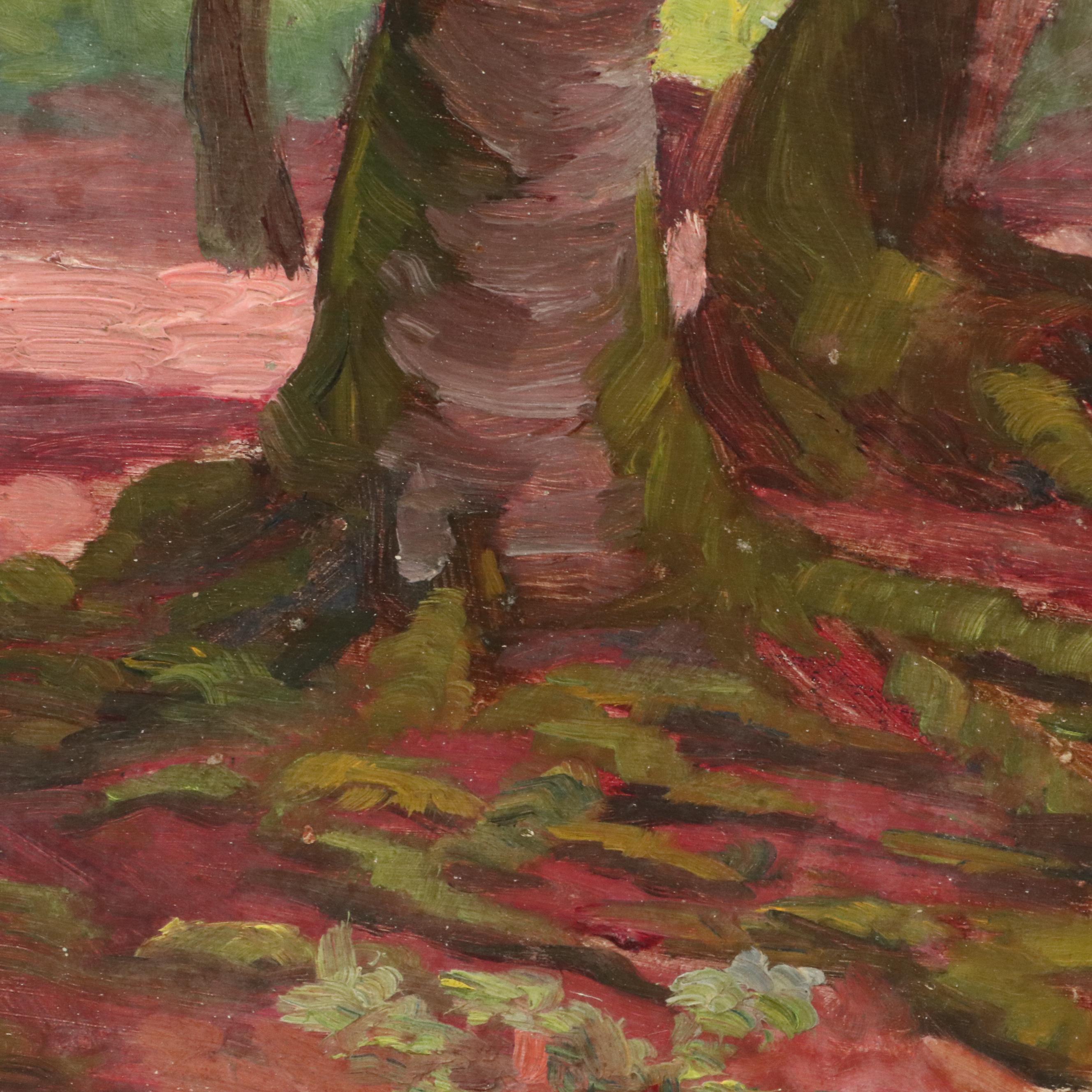 Attributed to Jeanne Reimbolte Wooded Landscape Oil Painting, Early 20th Century