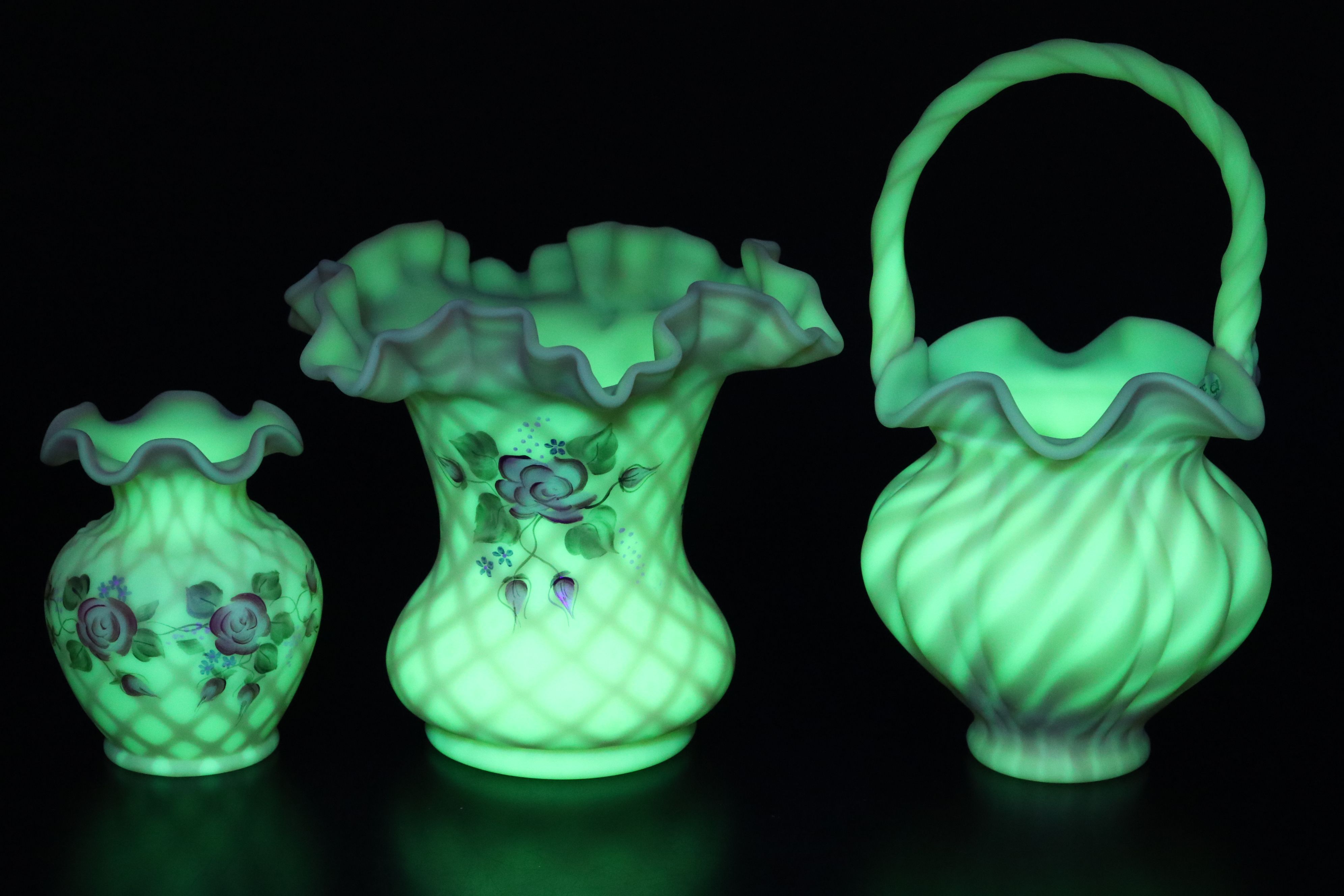 Fenton Hand-Painted Floral Burmese Glass Vases with Striped Basket Vase