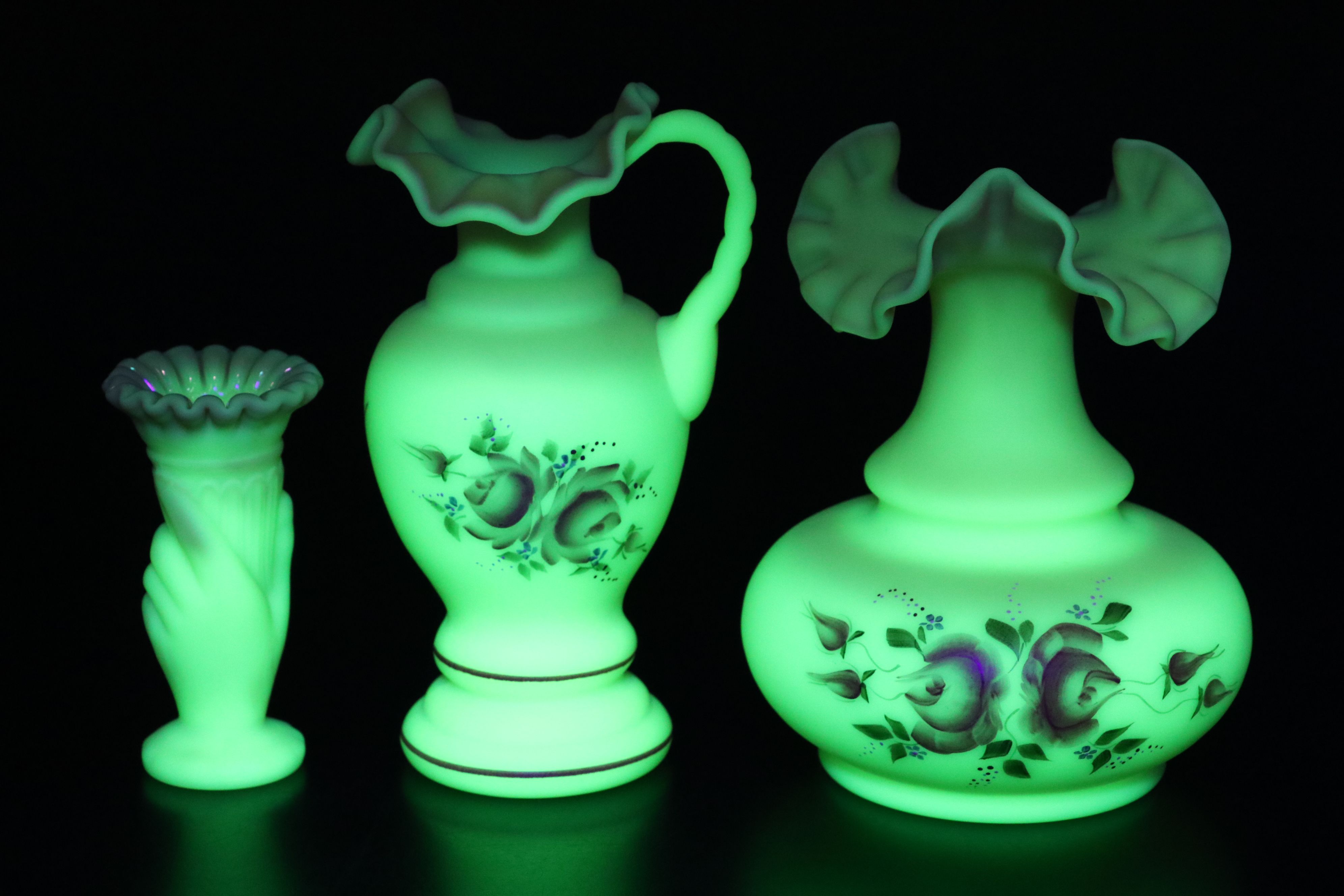 Fenton Hand-Painted Floral Burmese Glass Vases with Striped Basket Vase