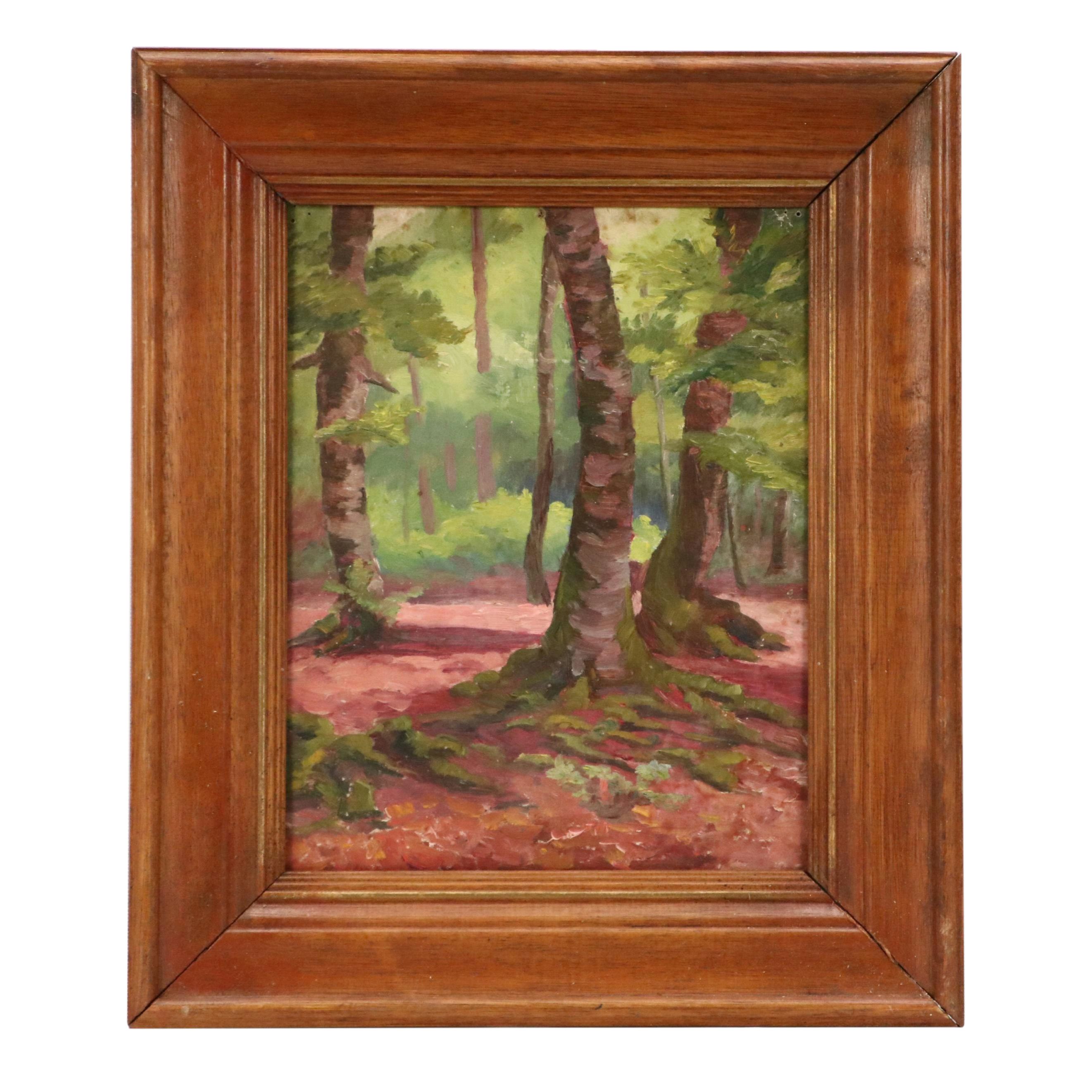 Attributed to Jeanne Reimbolte Wooded Landscape Oil Painting, Early 20th Century