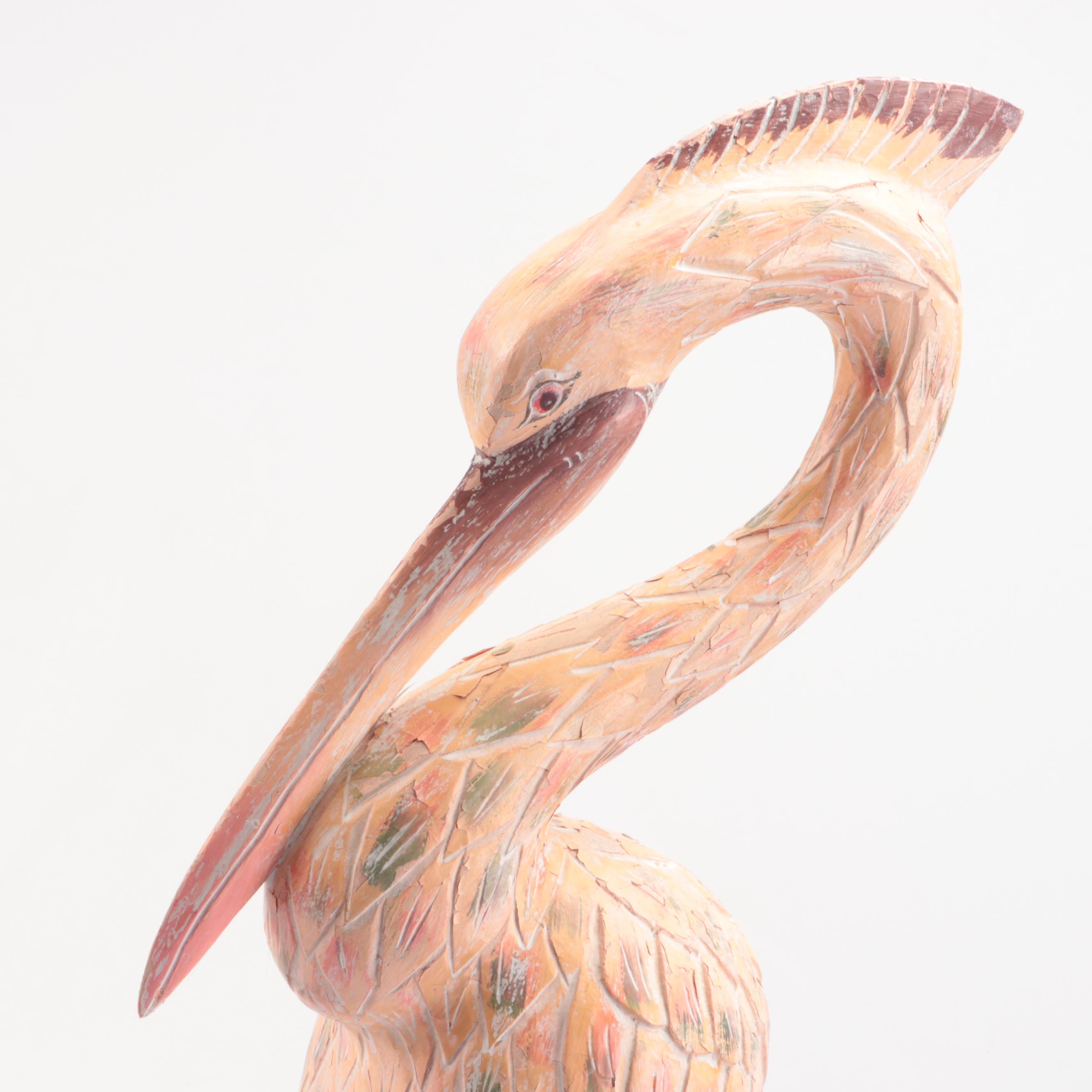 Folk Art Hand-Painted Carved Wooden Crane