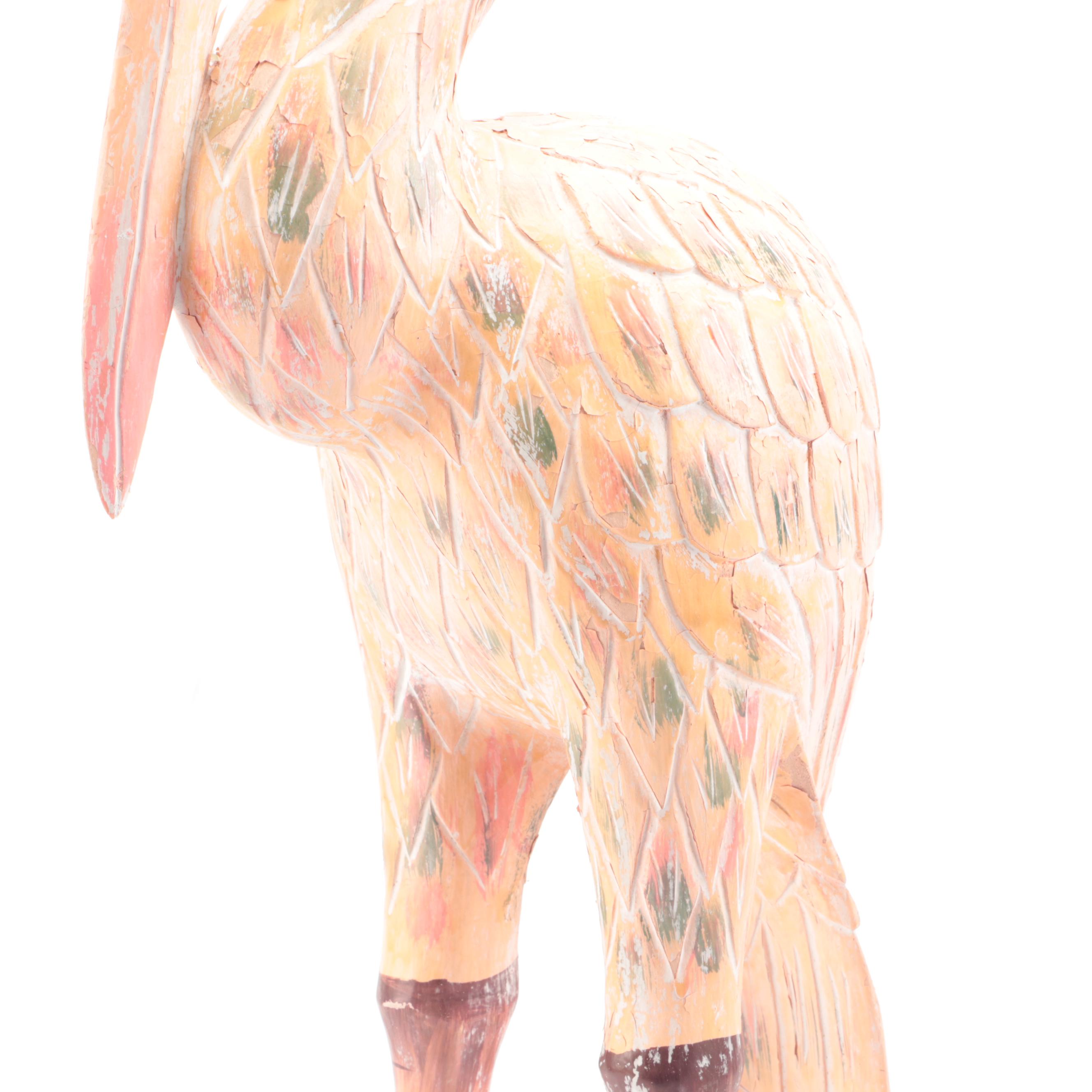 Folk Art Hand-Painted Carved Wooden Crane