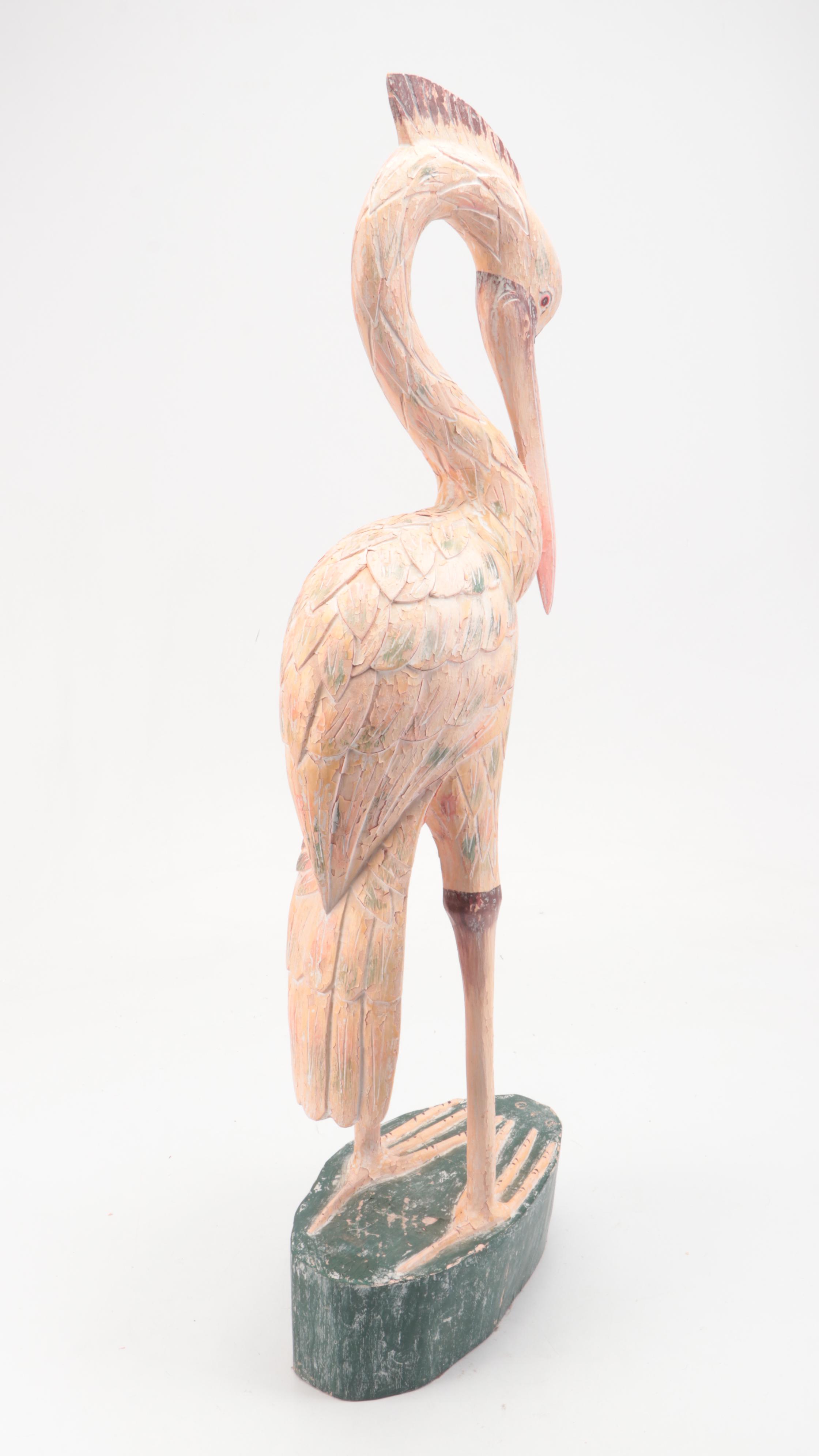 Folk Art Hand-Painted Carved Wooden Crane