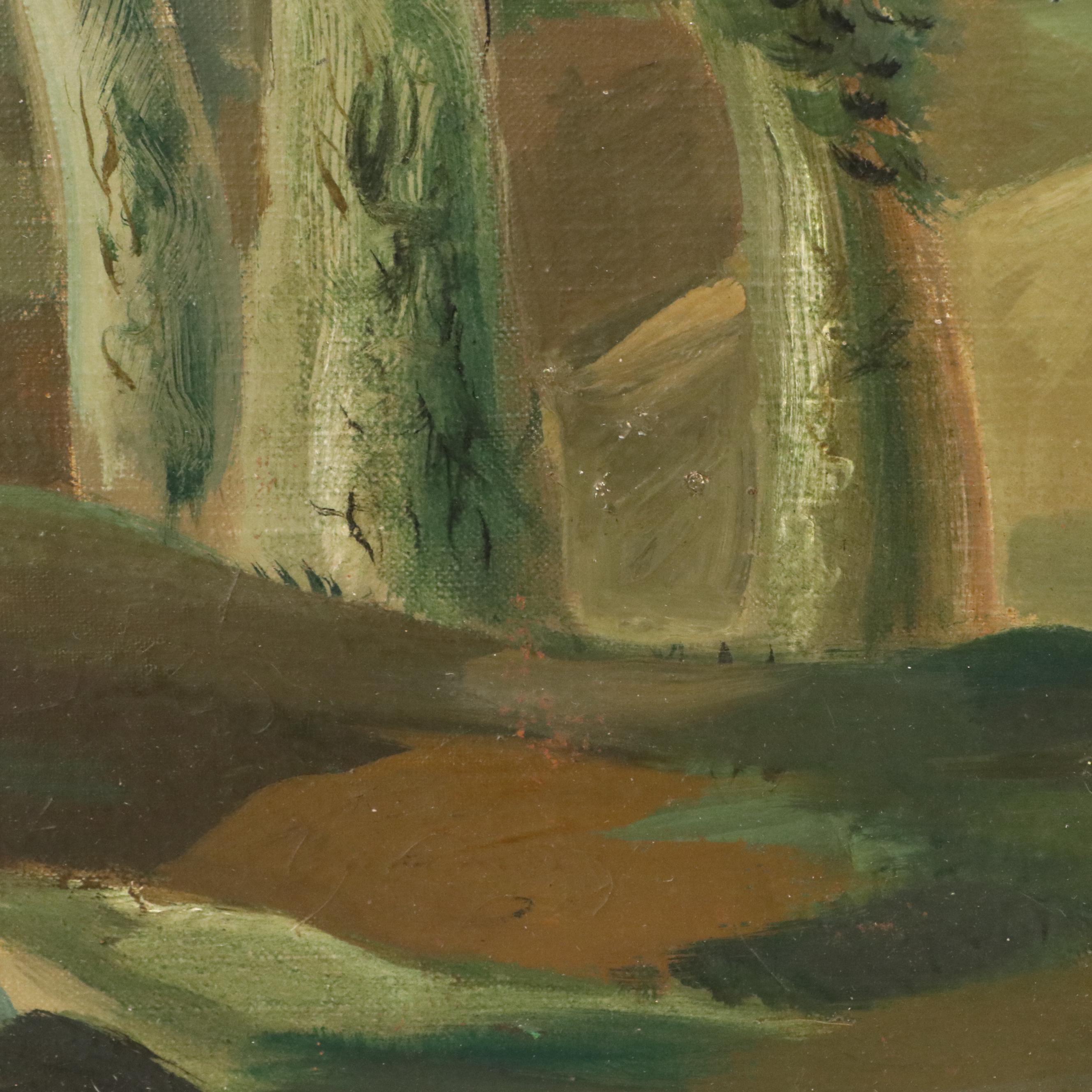 Modernist Countryside Landscape Oil Painting, Mid-20th Century