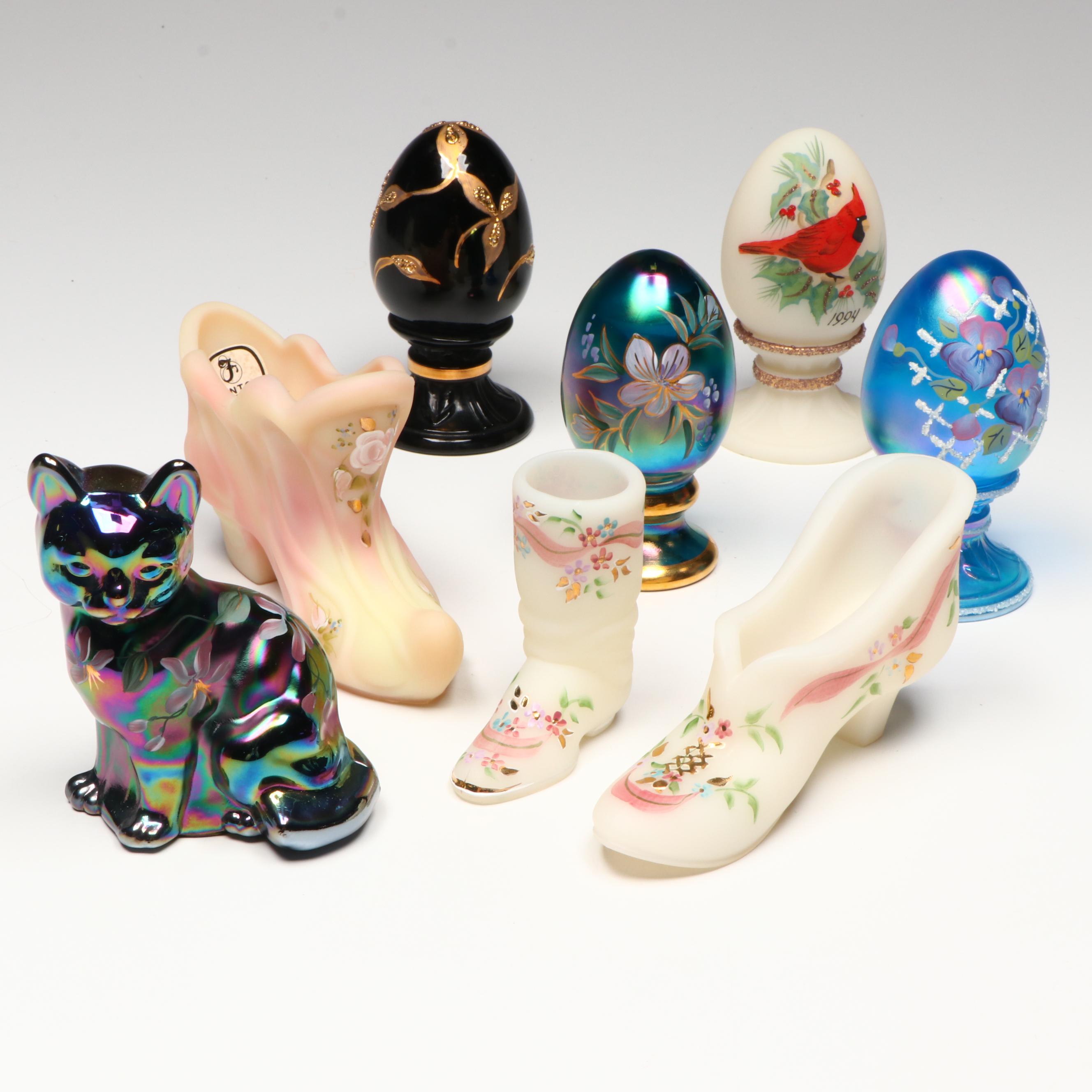 Fenton Hand-Painted Floral Glass Shoe and Egg Figures with Carnival Glass Cat