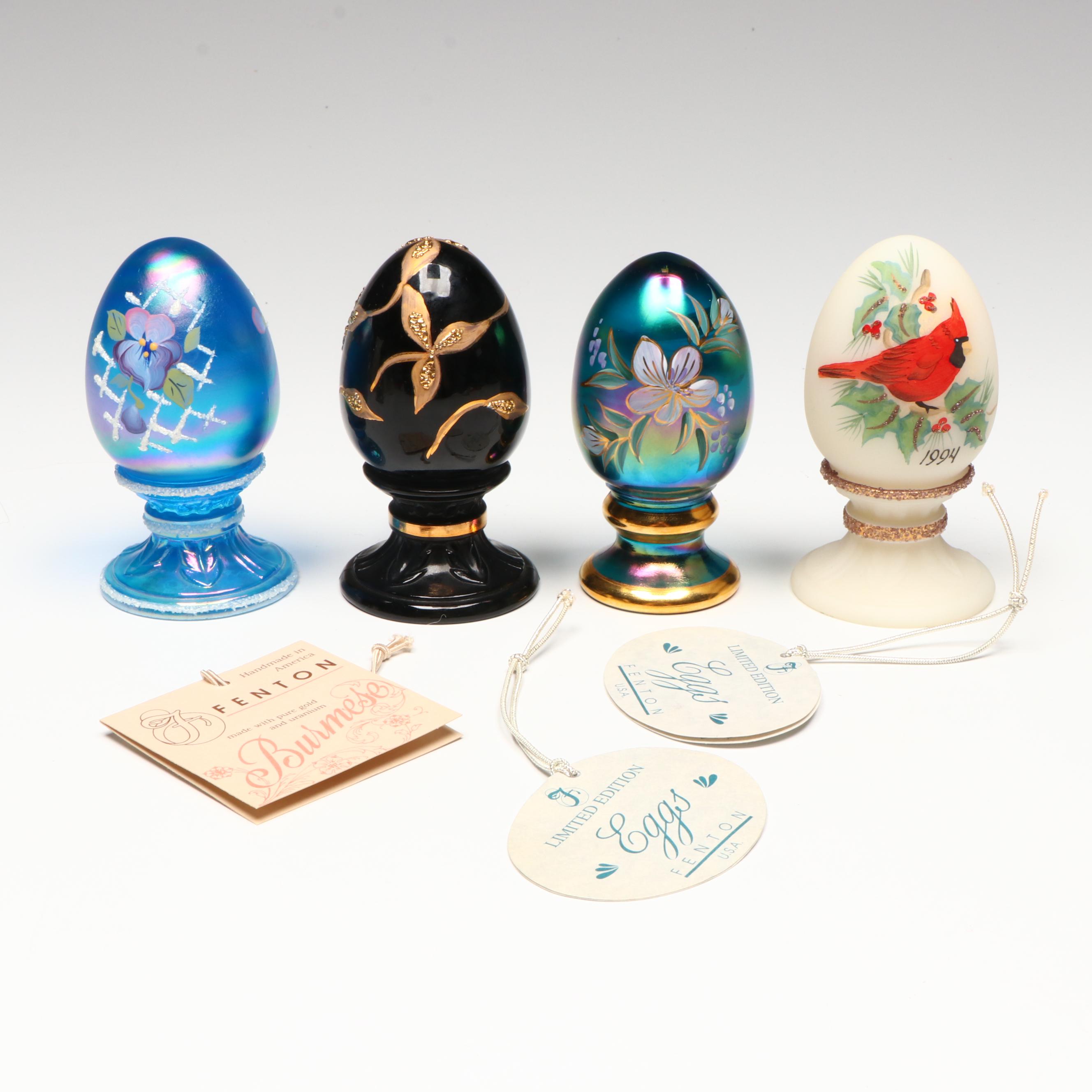 Fenton Hand-Painted Floral Glass Shoe and Egg Figures with Carnival Glass Cat