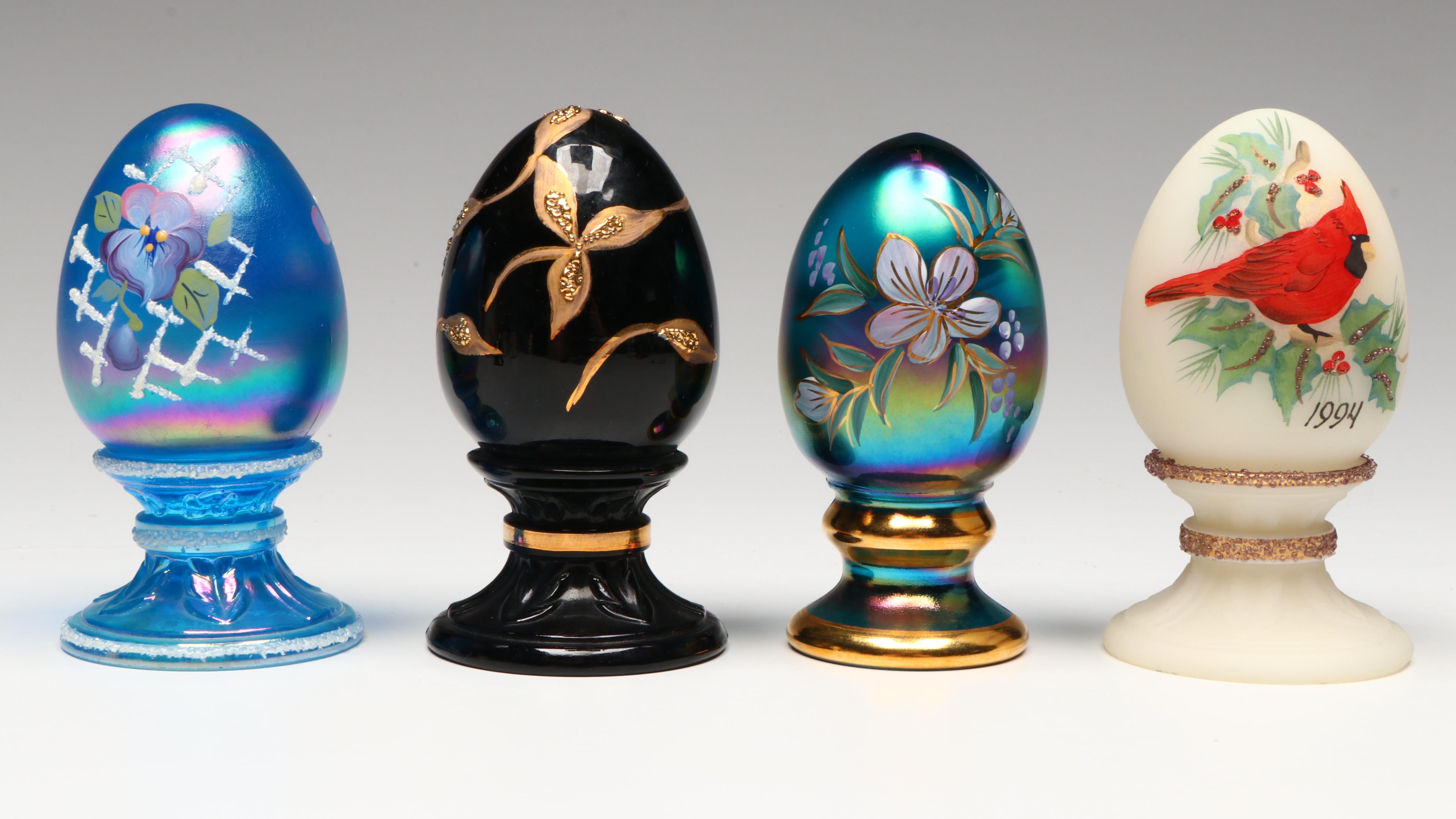 Fenton Hand-Painted Floral Glass Shoe and Egg Figures with Carnival Glass Cat