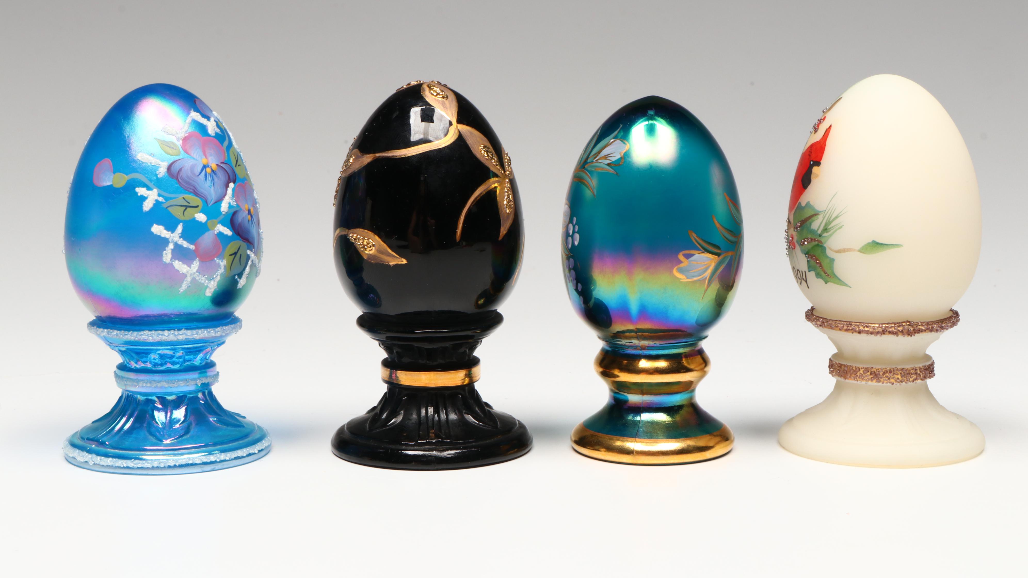 Fenton Hand-Painted Floral Glass Shoe and Egg Figures with Carnival Glass Cat