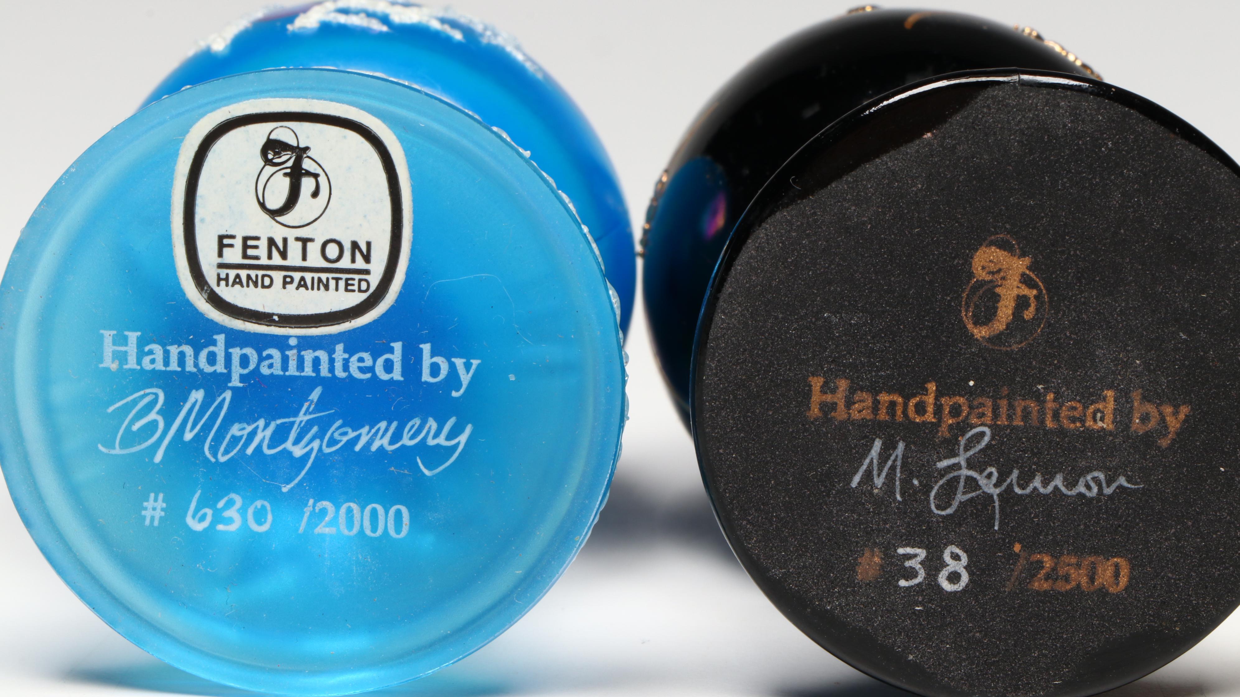 Fenton Hand-Painted Floral Glass Shoe and Egg Figures with Carnival Glass Cat