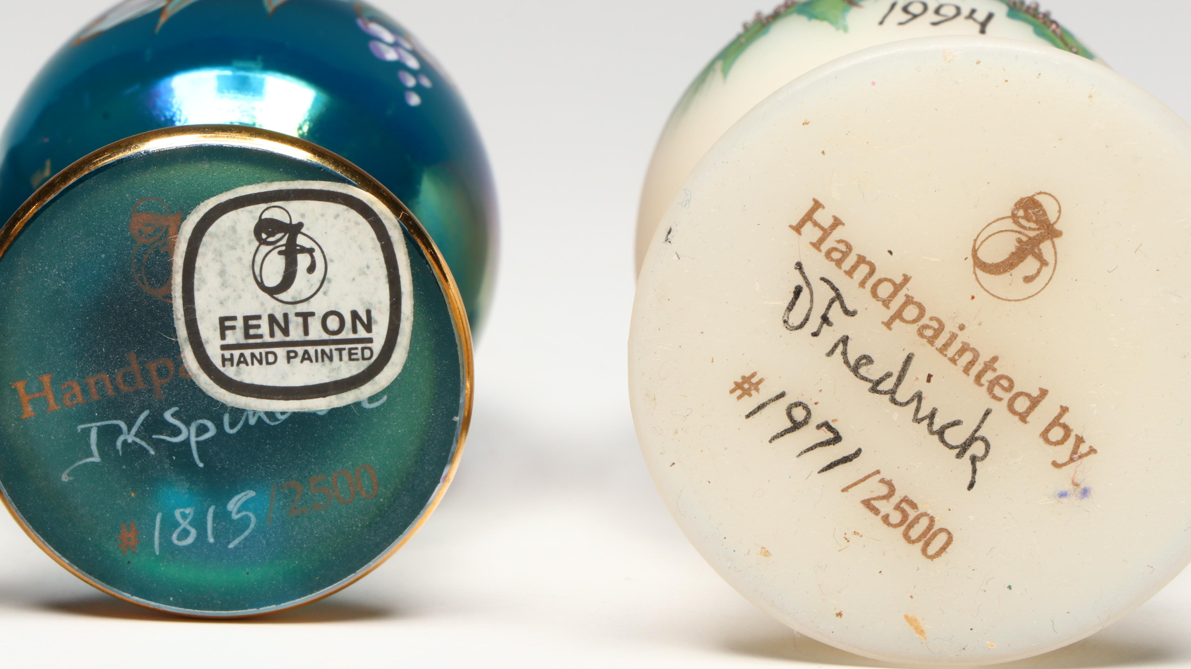 Fenton Hand-Painted Floral Glass Shoe and Egg Figures with Carnival Glass Cat