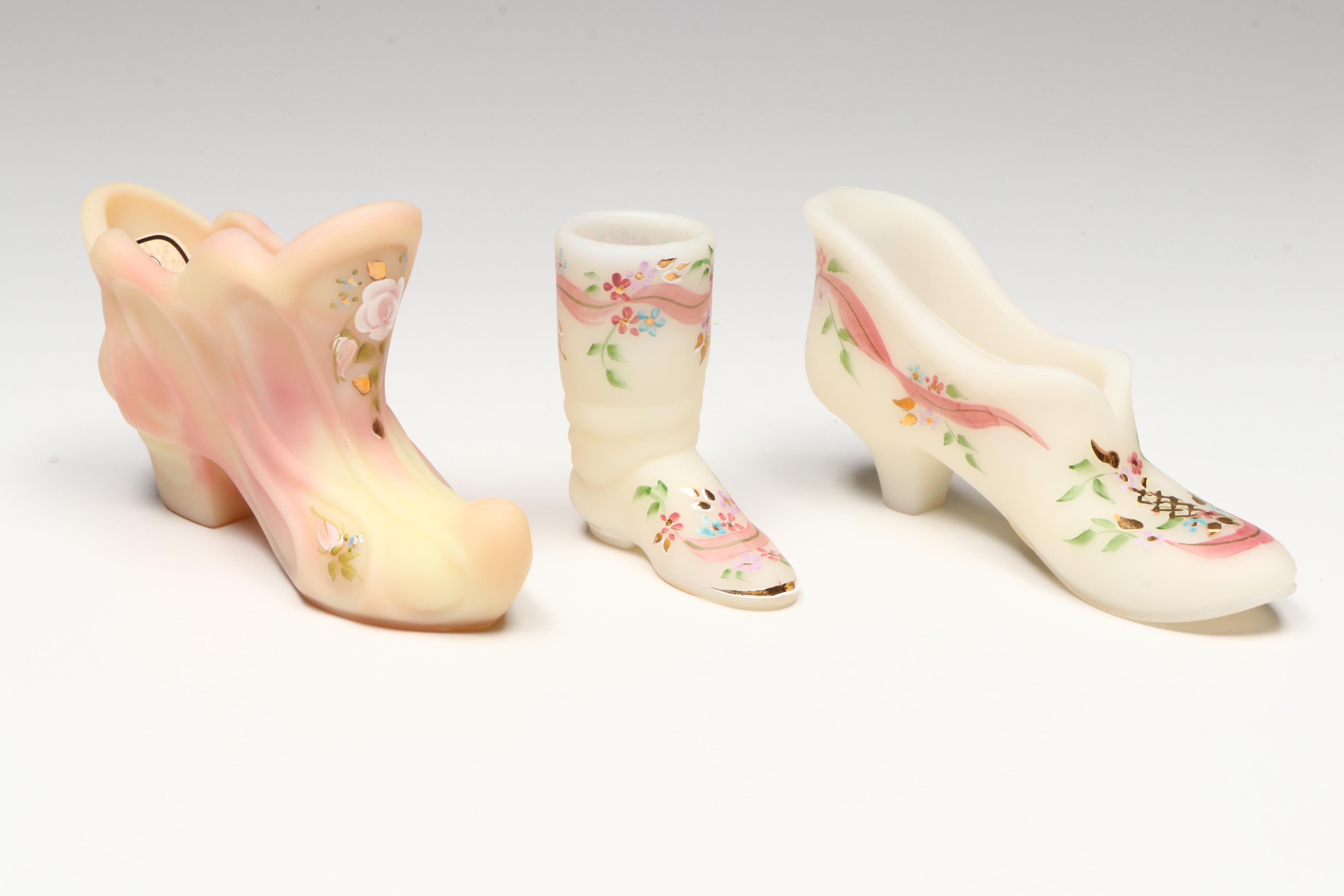 Fenton Hand-Painted Floral Glass Shoe and Egg Figures with Carnival Glass Cat