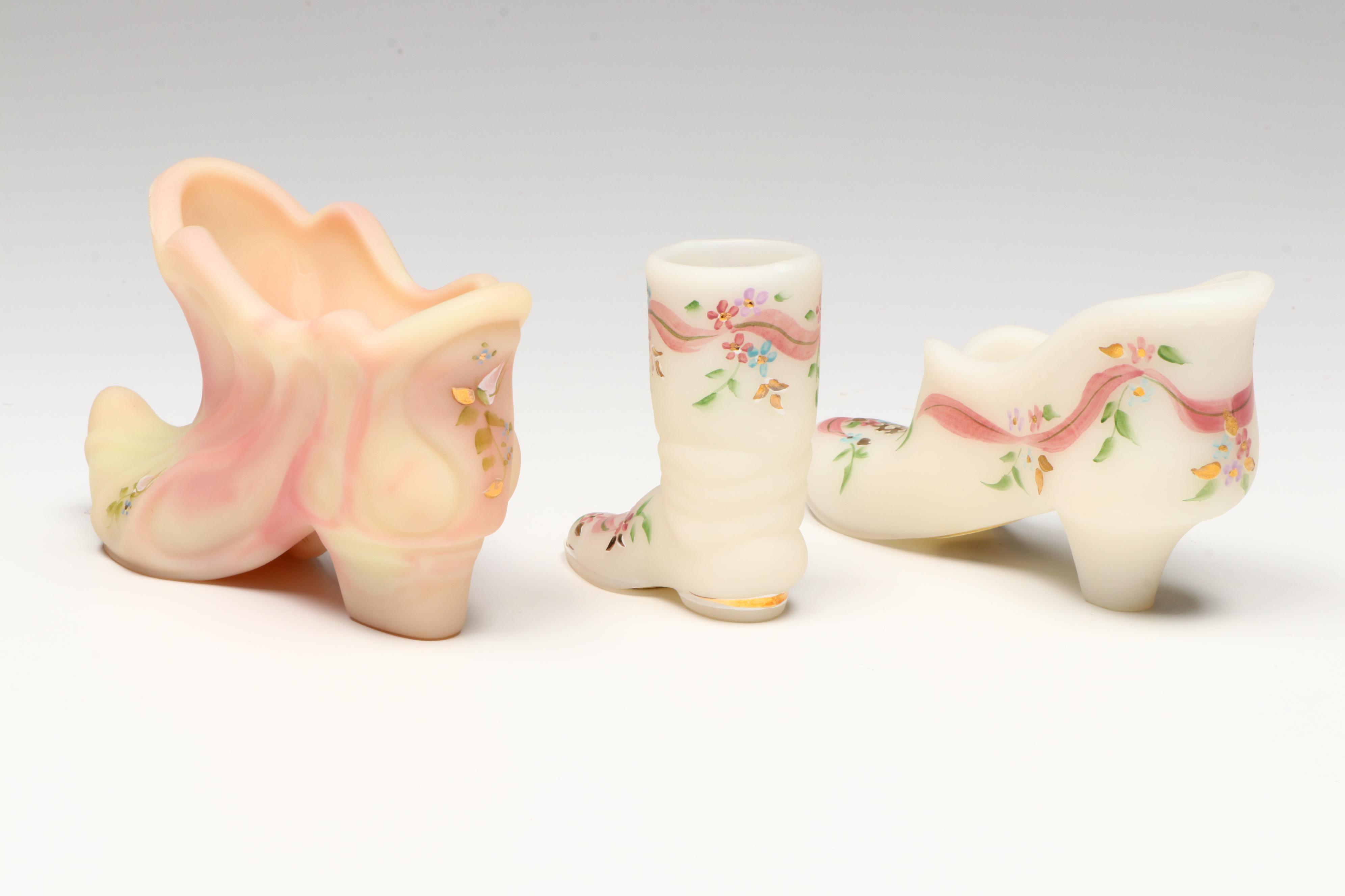 Fenton Hand-Painted Floral Glass Shoe and Egg Figures with Carnival Glass Cat