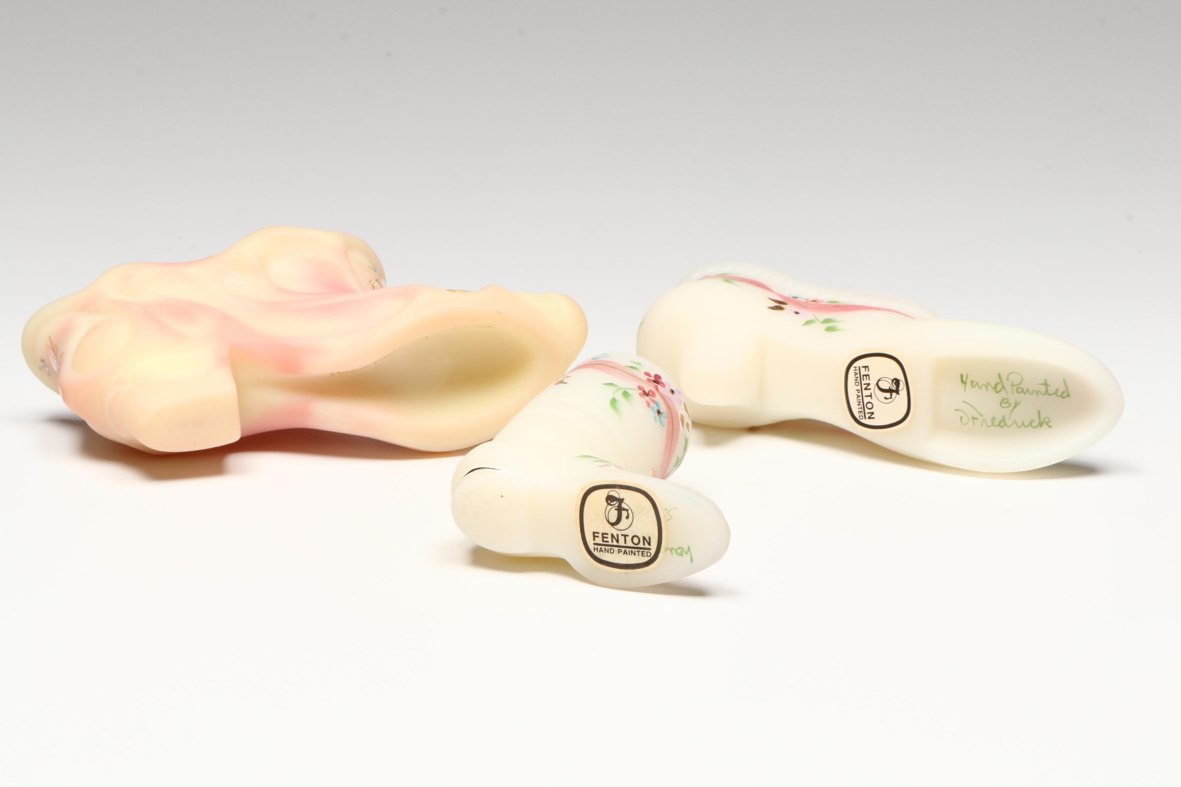 Fenton Hand-Painted Floral Glass Shoe and Egg Figures with Carnival Glass Cat