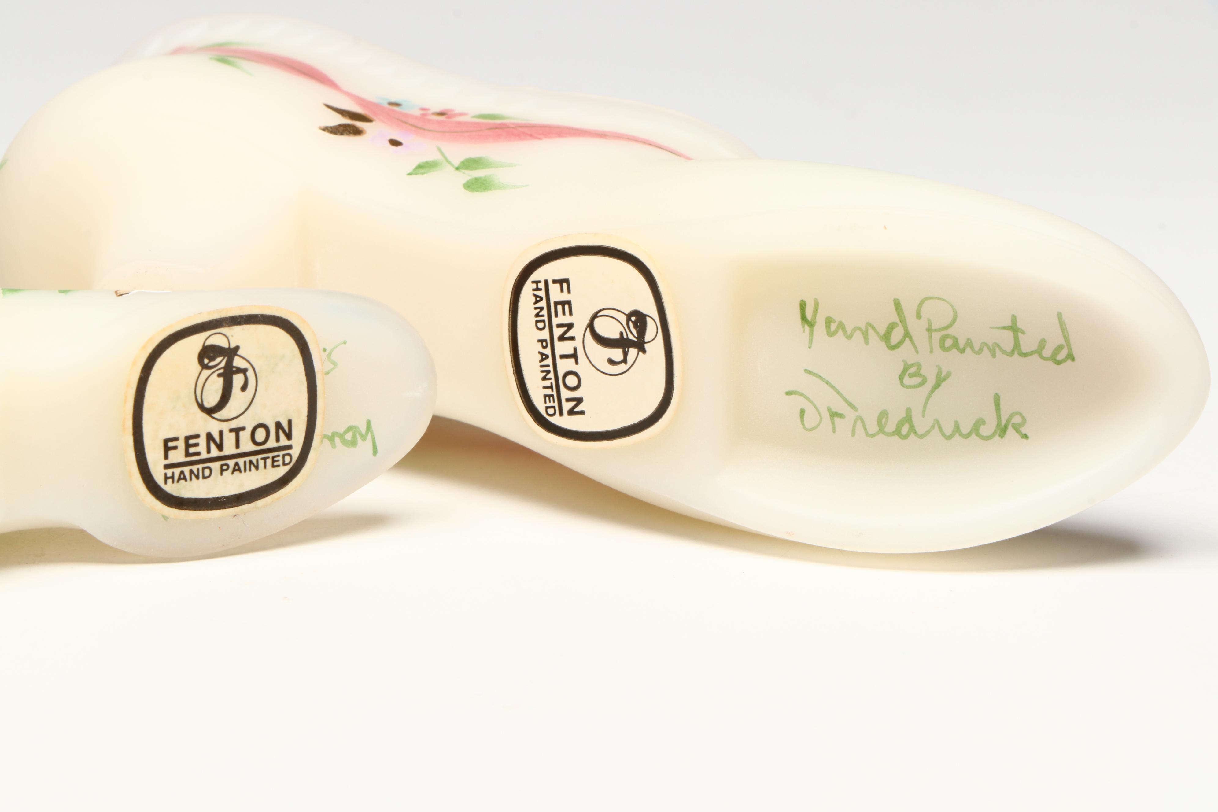 Fenton Hand-Painted Floral Glass Shoe and Egg Figures with Carnival Glass Cat