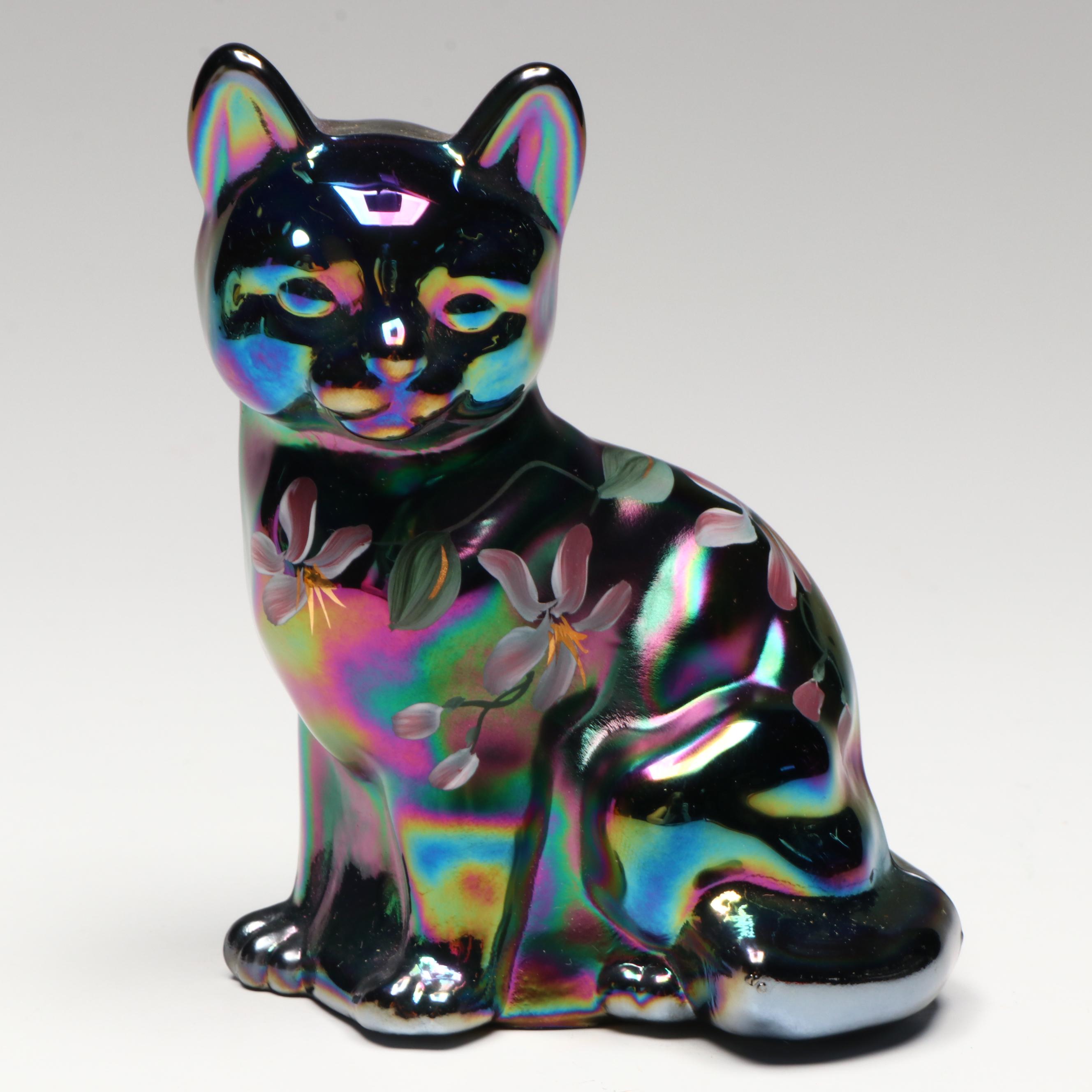 Fenton Hand-Painted Floral Glass Shoe and Egg Figures with Carnival Glass Cat