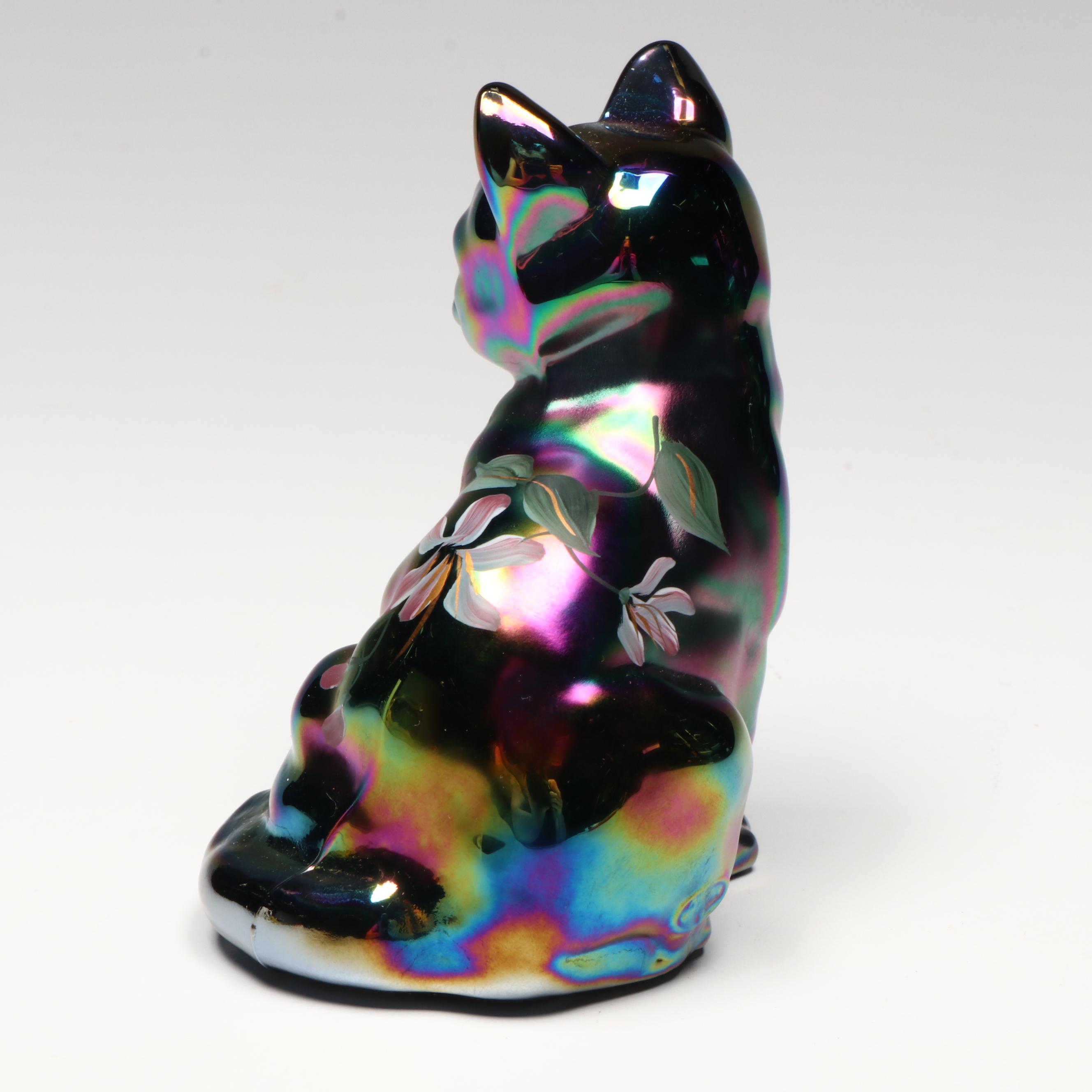 Fenton Hand-Painted Floral Glass Shoe and Egg Figures with Carnival Glass Cat