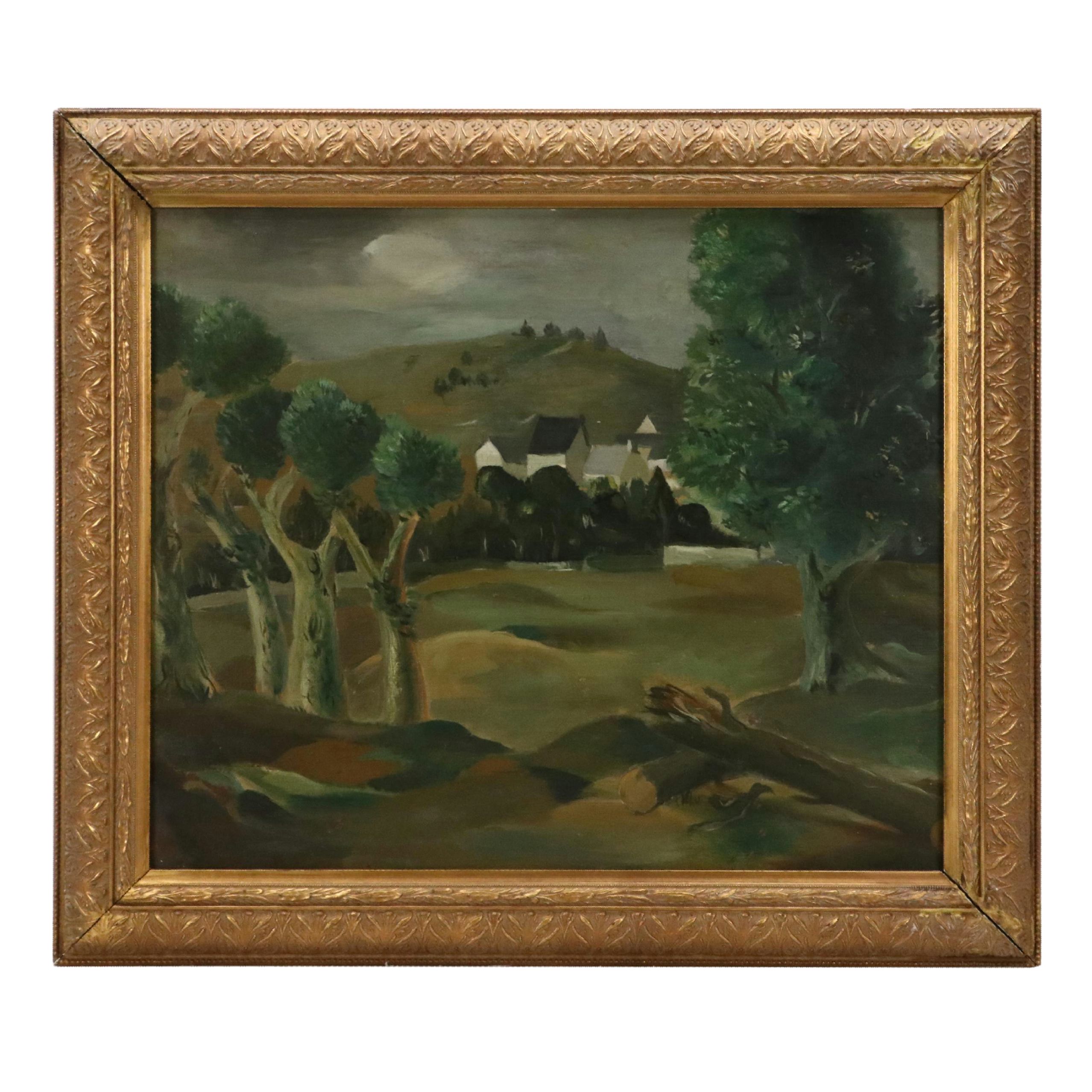 Modernist Countryside Landscape Oil Painting, Mid-20th Century